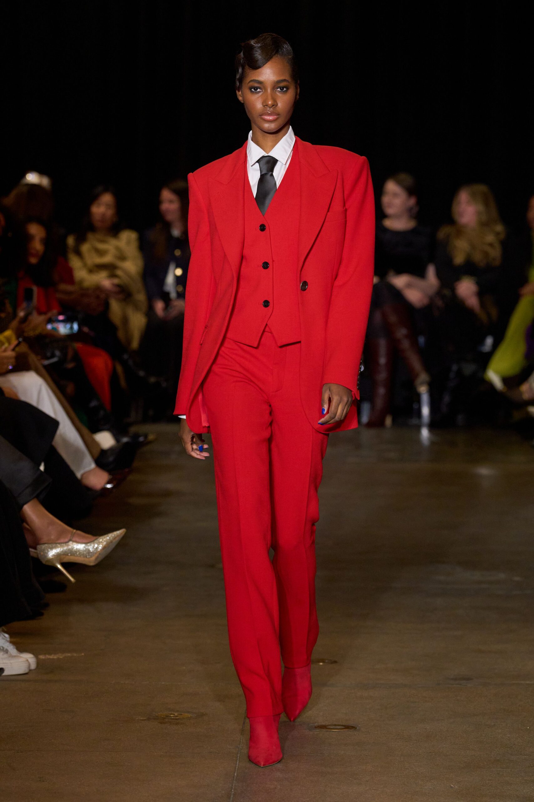 red fitted straight-leg pants