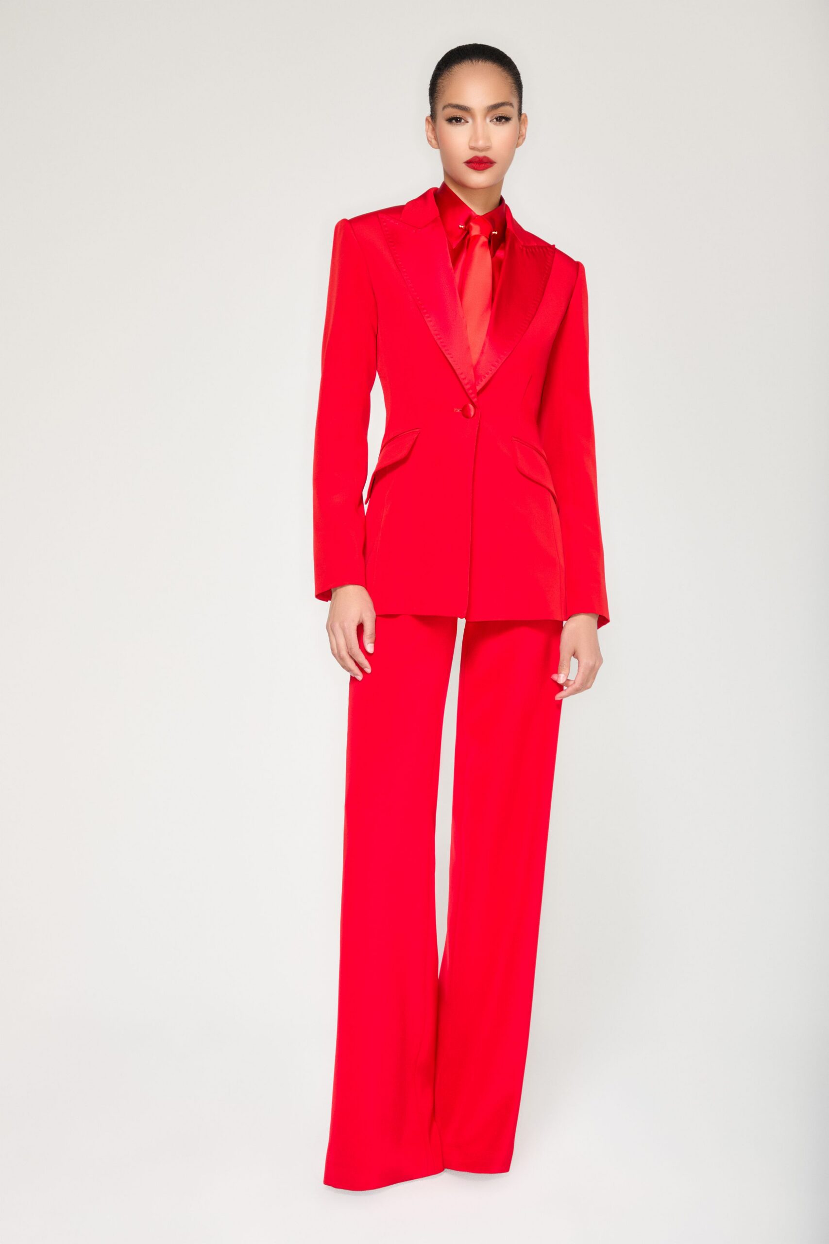 red silk long-sleeve collared tailored buttoned suit