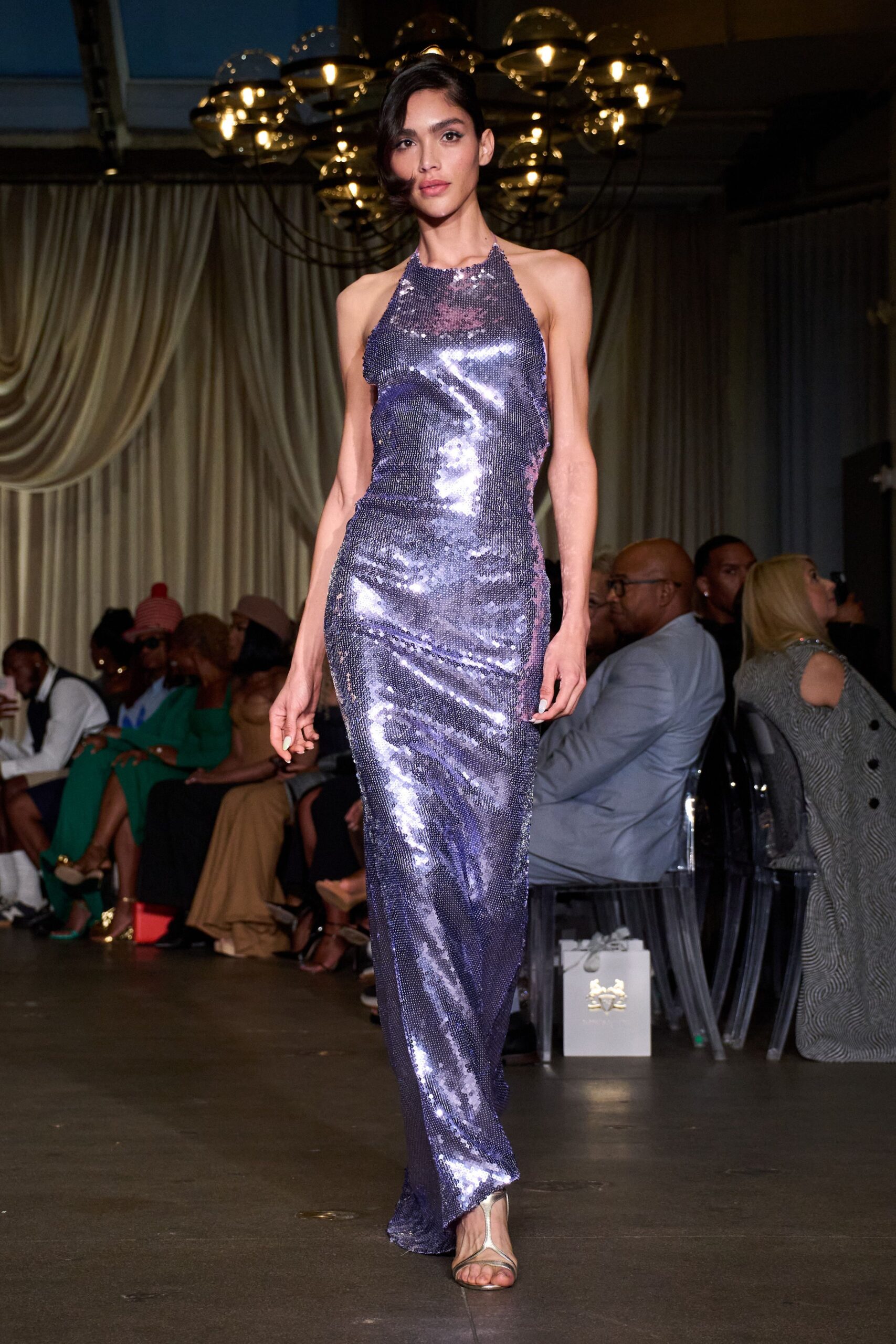 purple sequin sleeveless high-neck fitted layered shiny gown