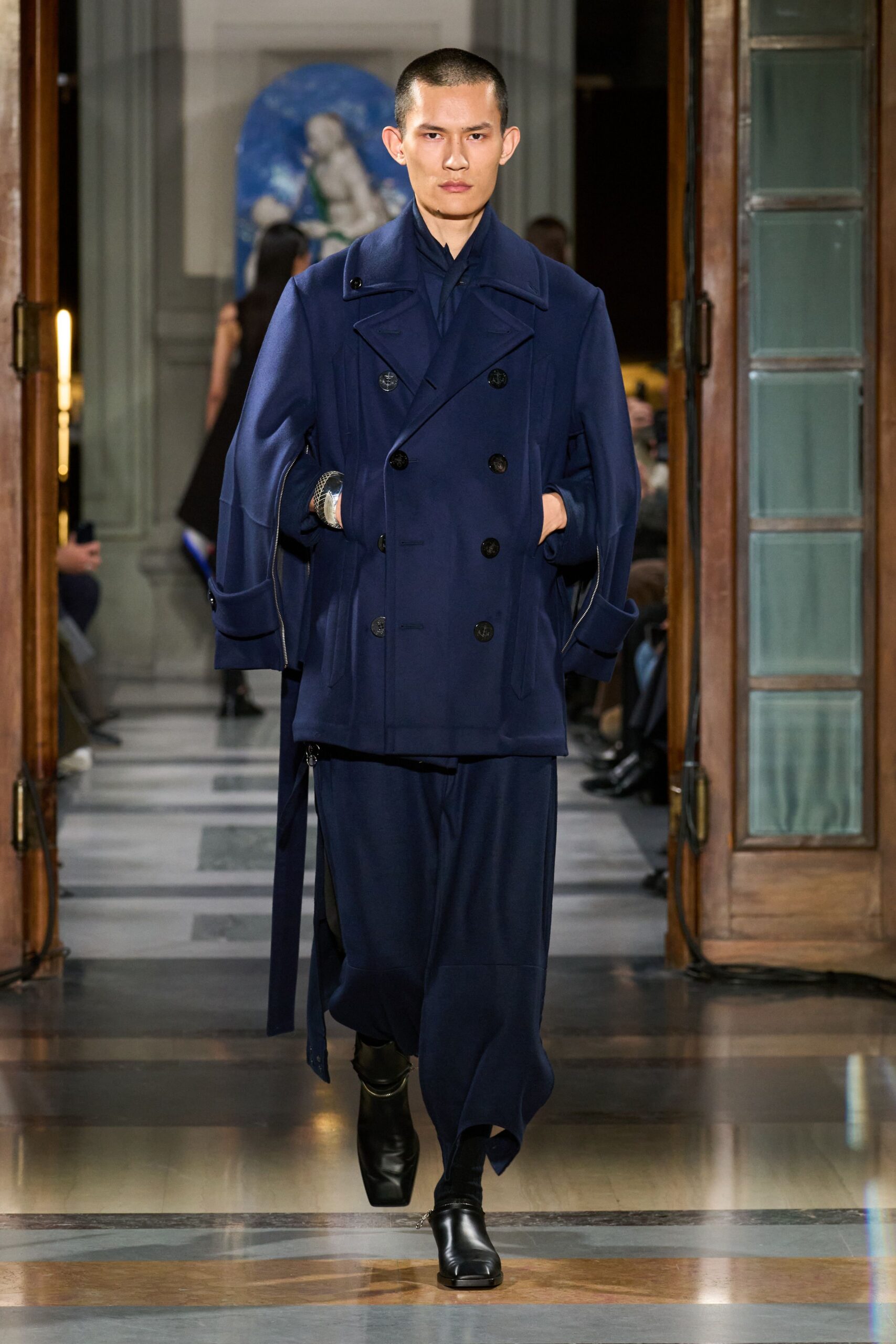 blue relaxed jacket with wide-leg pants