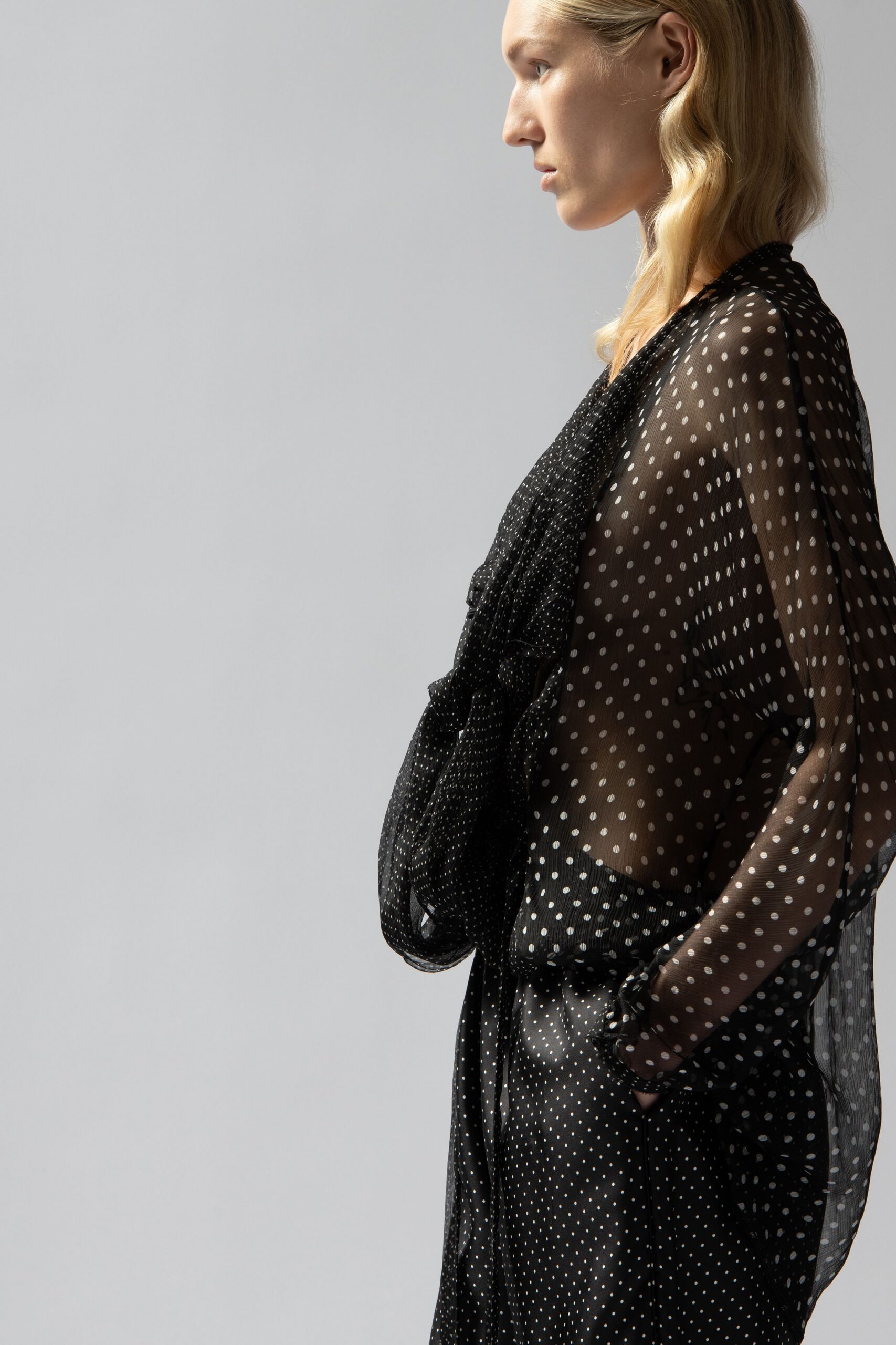 black chiffon long-sleeve v-neck relaxed polka-dot sheer top
