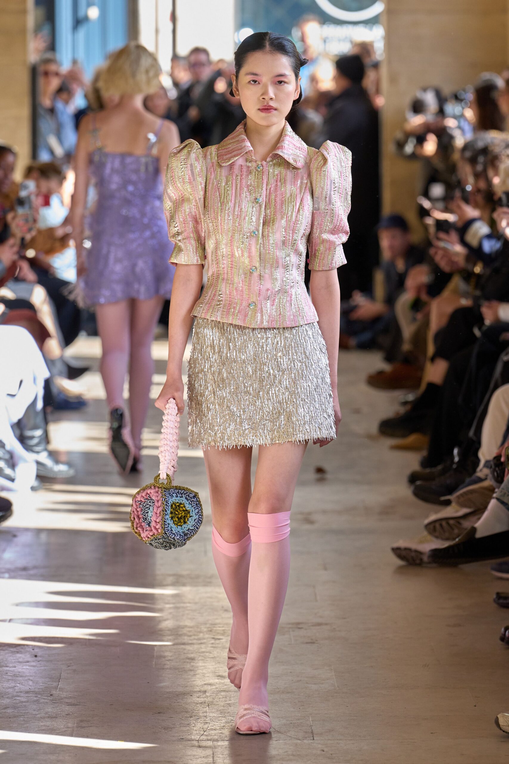 gray metallic fitted straight-leg shiny mini skirt