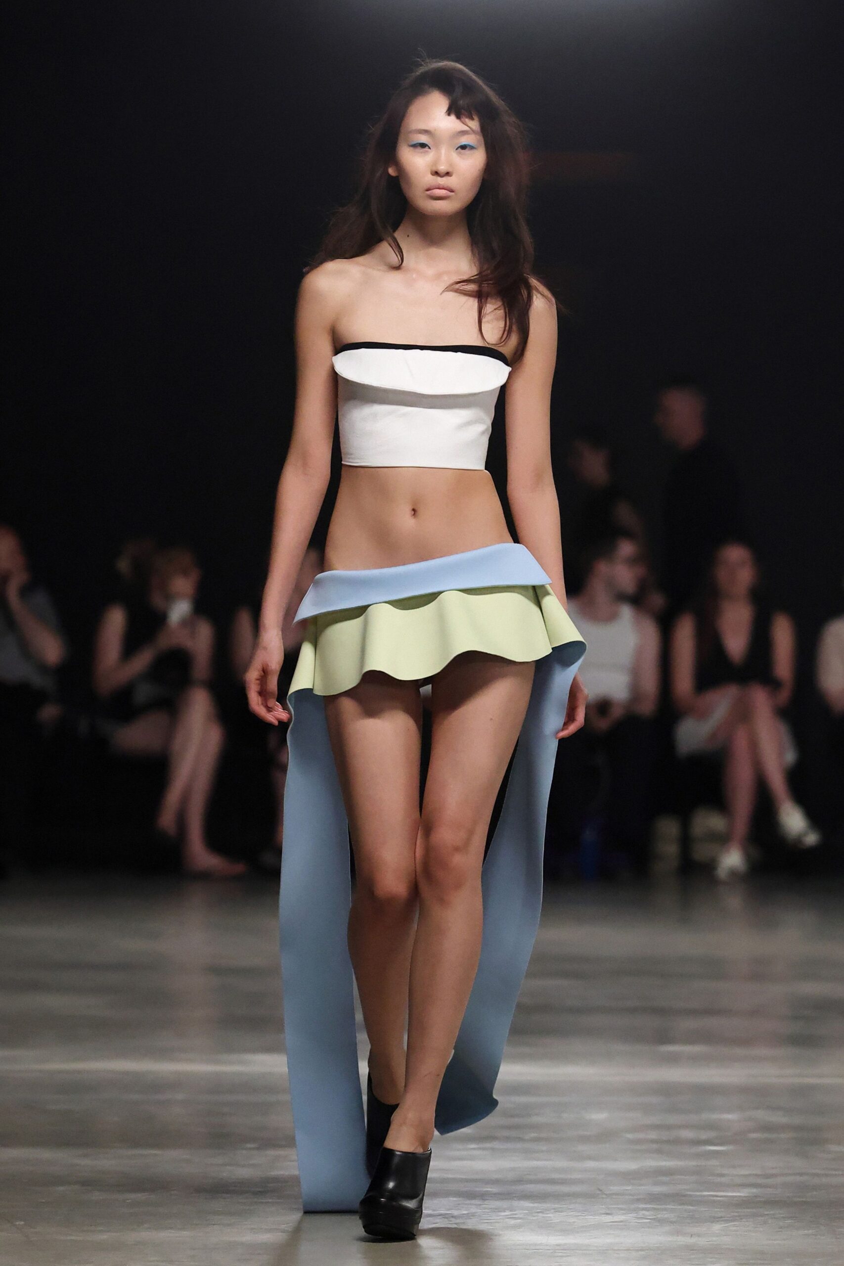black and white crop-top with flared skirt