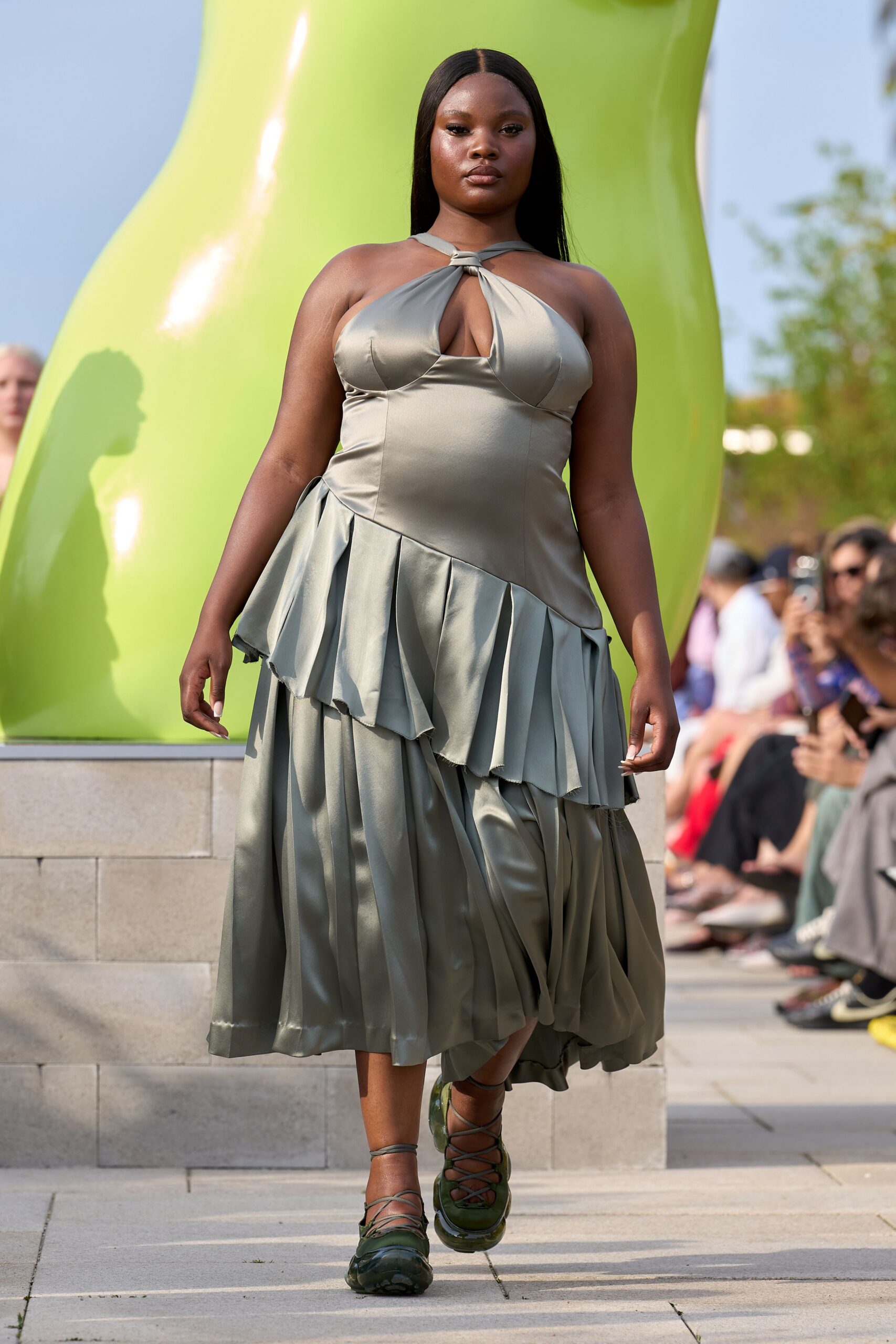 green silk pleated midi dress