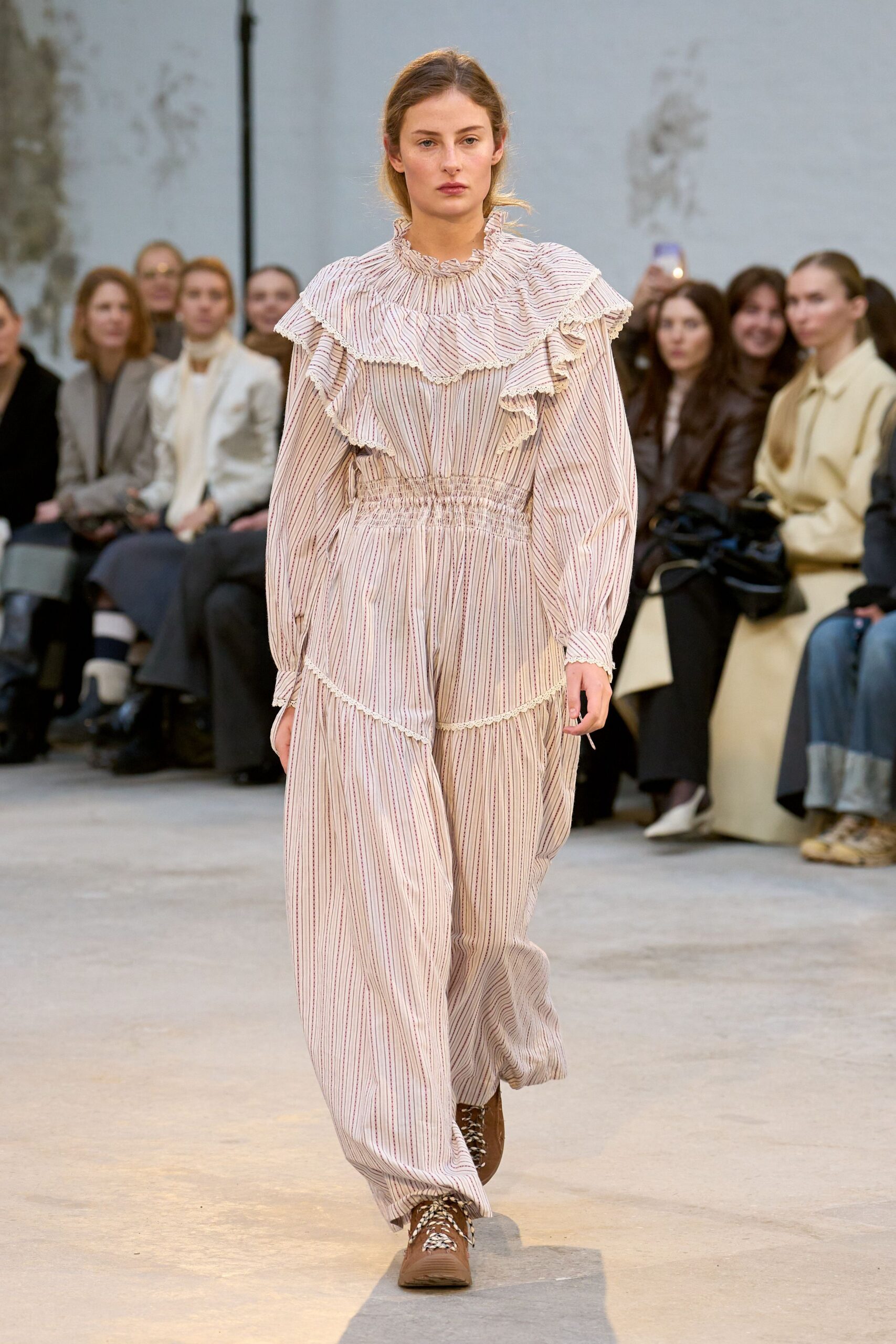 relaxed white and pink striped dress with brown boots