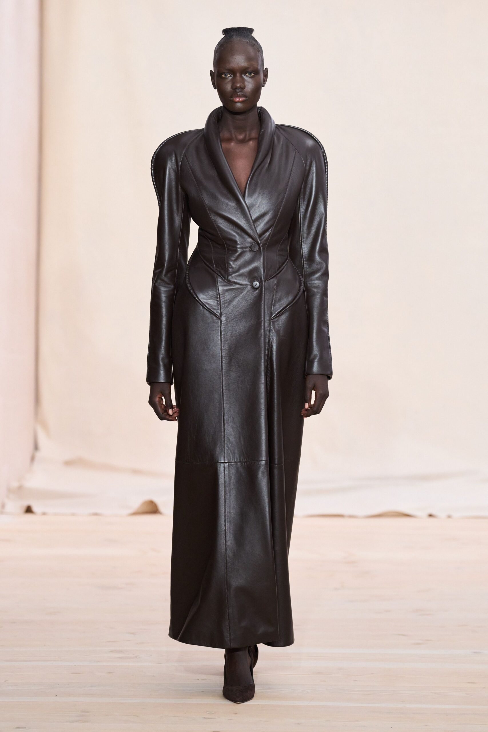 black leather long-sleeve collared fitted buttoned maxi gown
