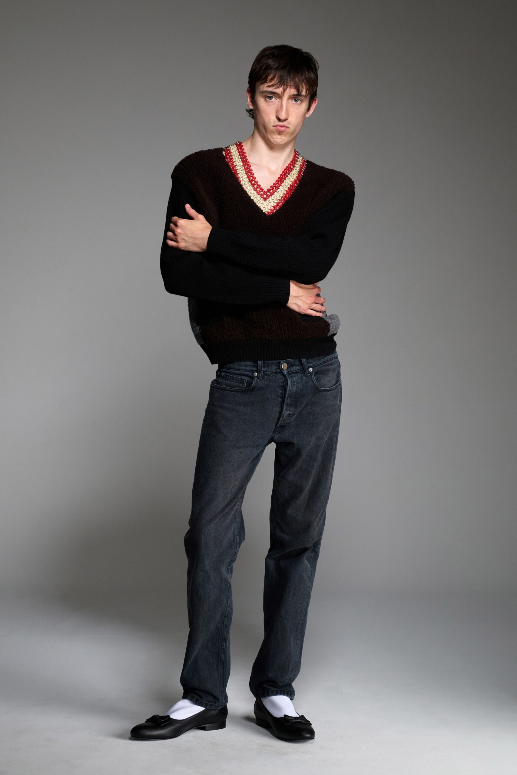 black wool long-sleeve v-neck fitted layered sweater