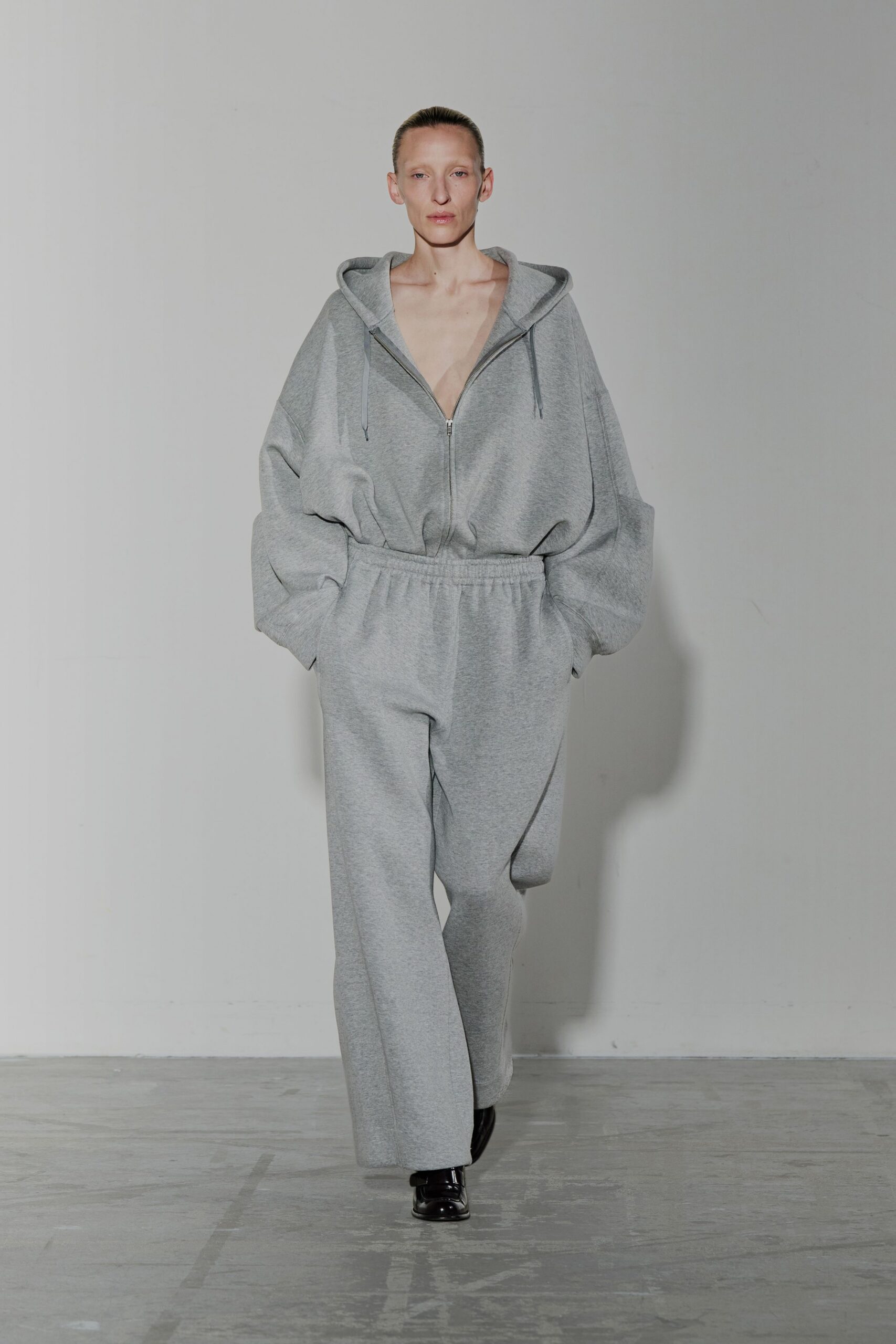 gray cotton long-sleeve hooded oversized jumpsuit
