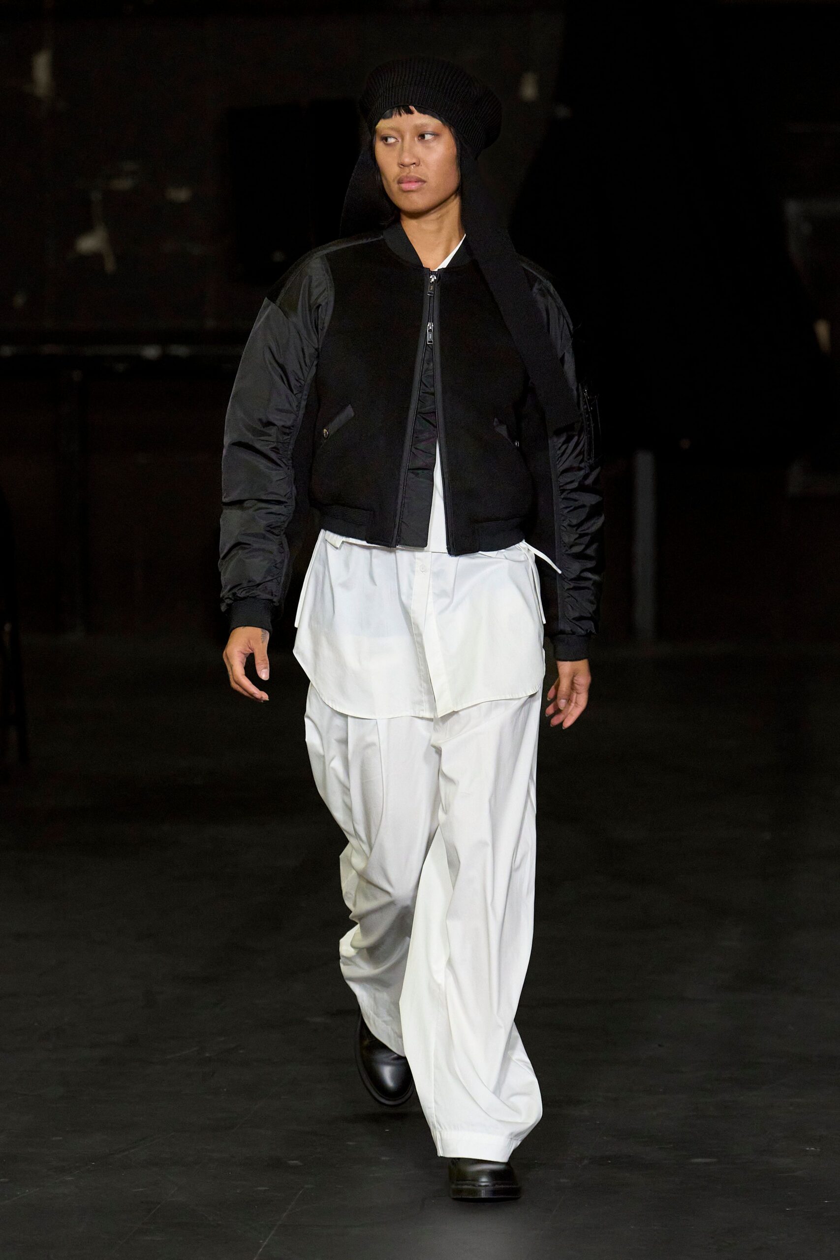 black jacket white shirt wide-leg pants