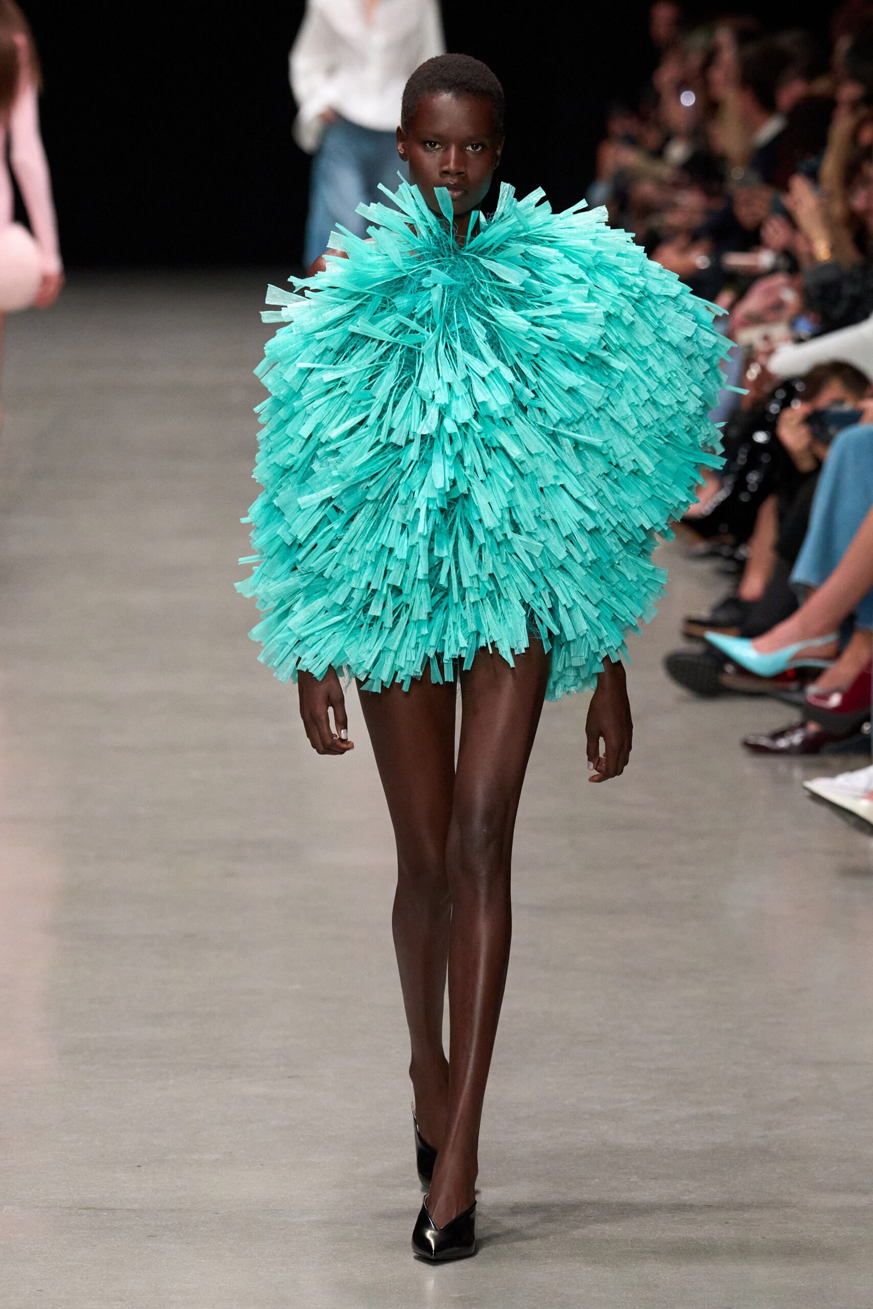 teal tulle sleeveless high-neck fitted fringed flowing dress