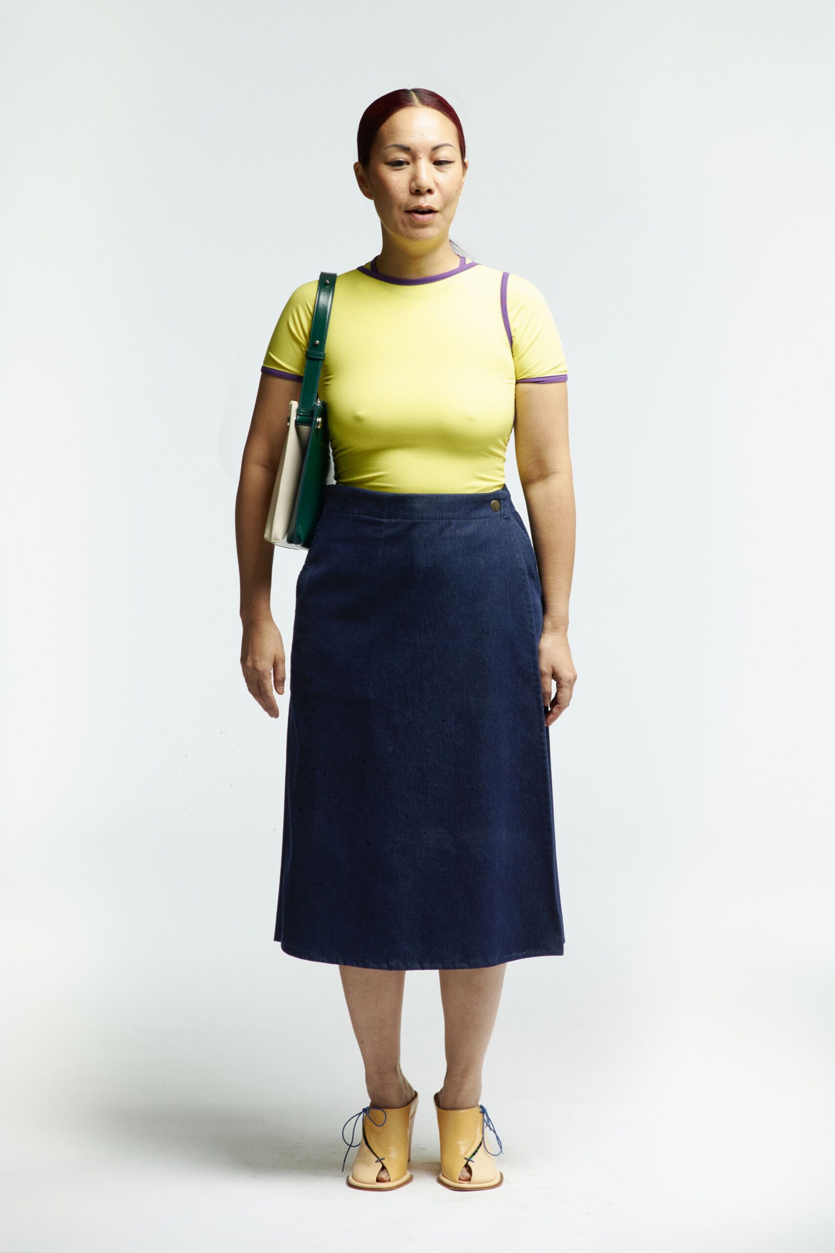 blue denim fitted straight-leg midi skirt