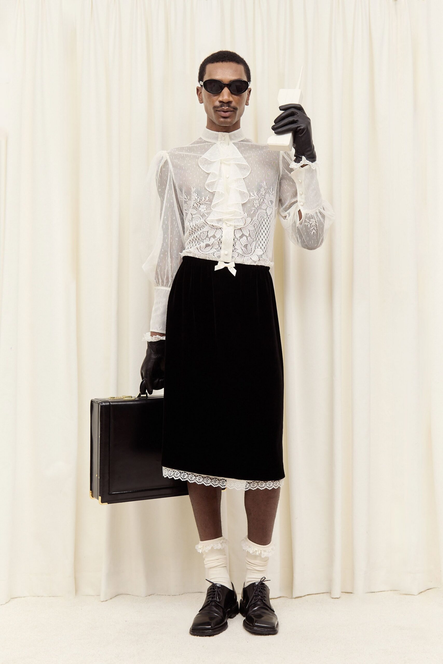 white lace blouse black velvet skirt