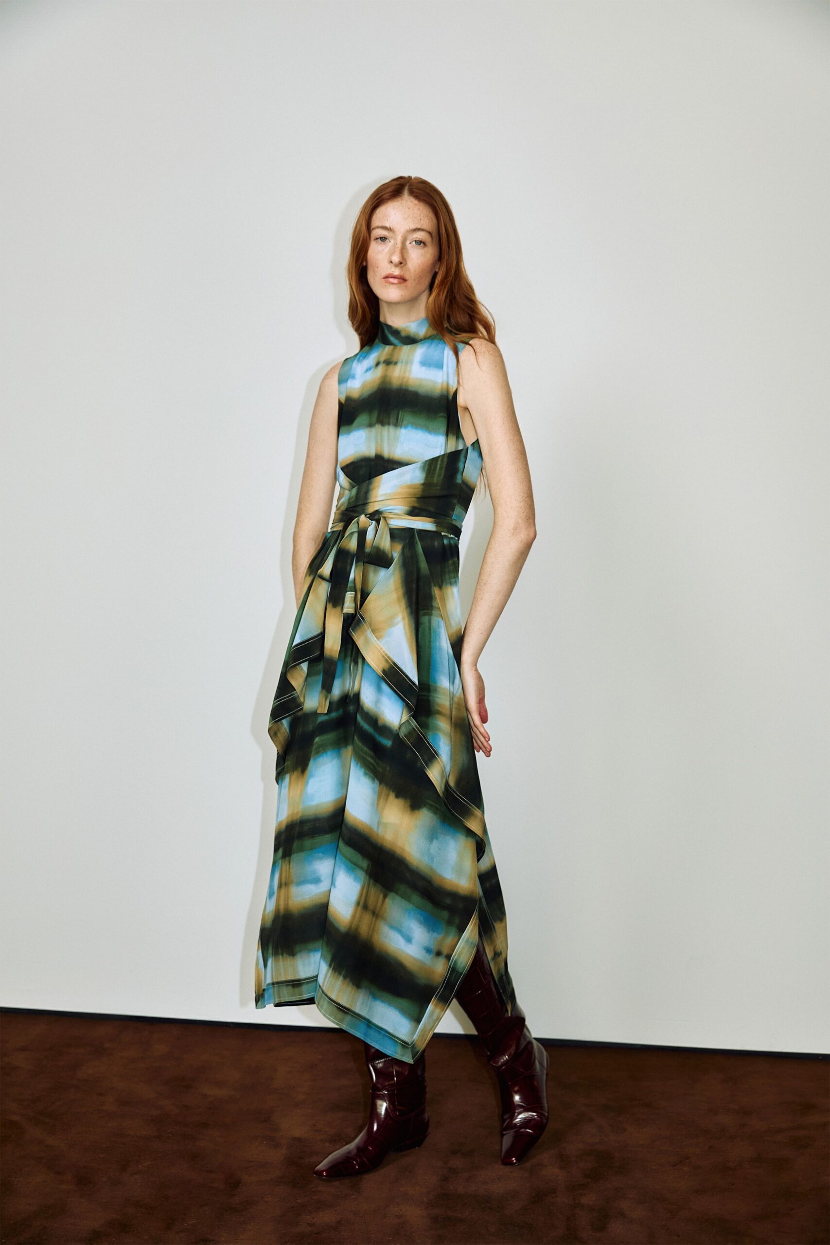 blue silk sleeveless high-neck fitted draped tiered dress