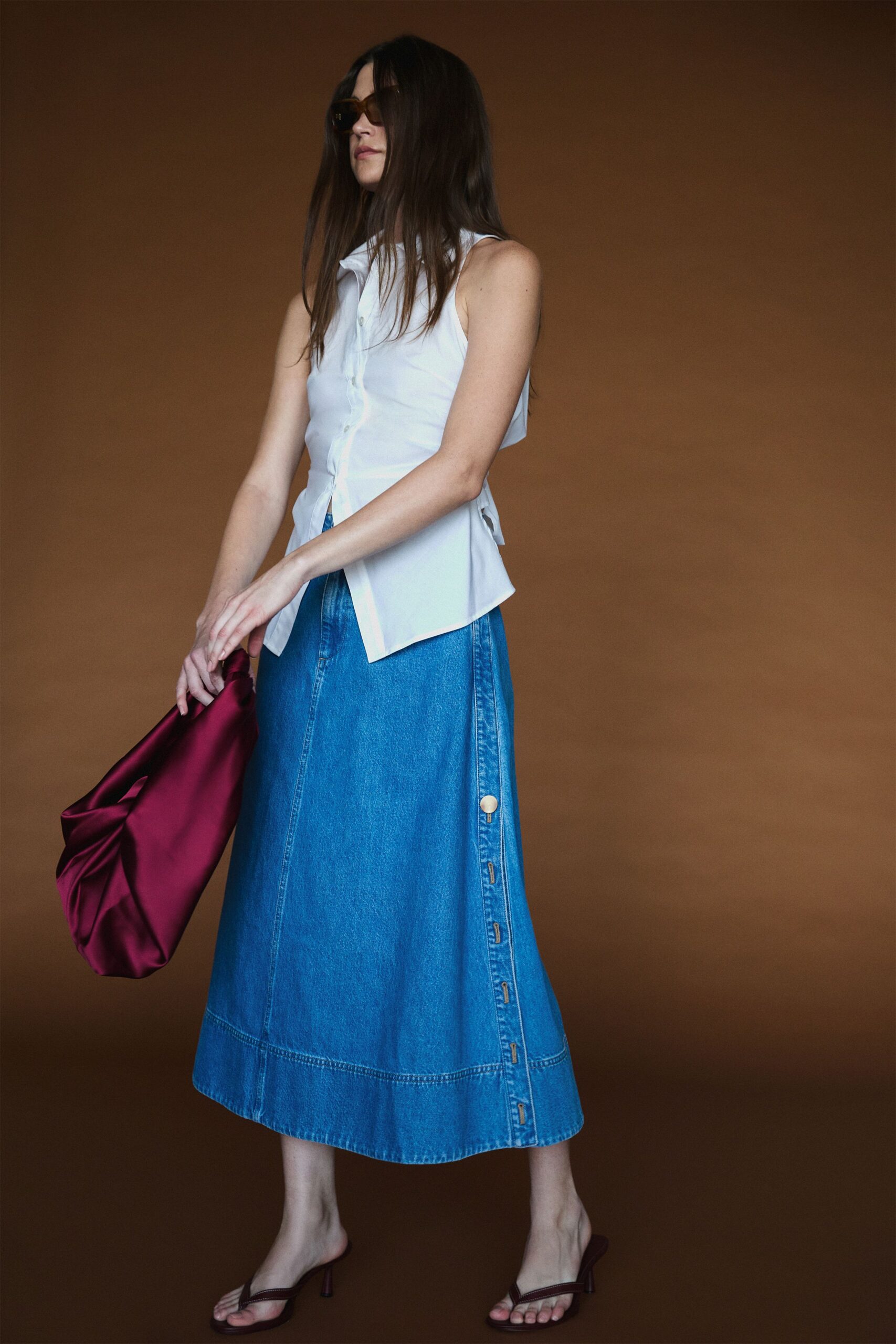 blue denim relaxed a-line buttoned midi skirt