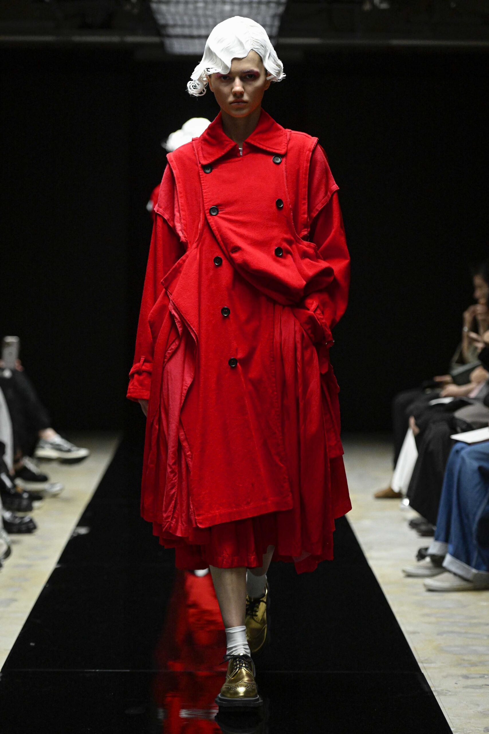 red cotton long-sleeve collared oversized draped layered coat