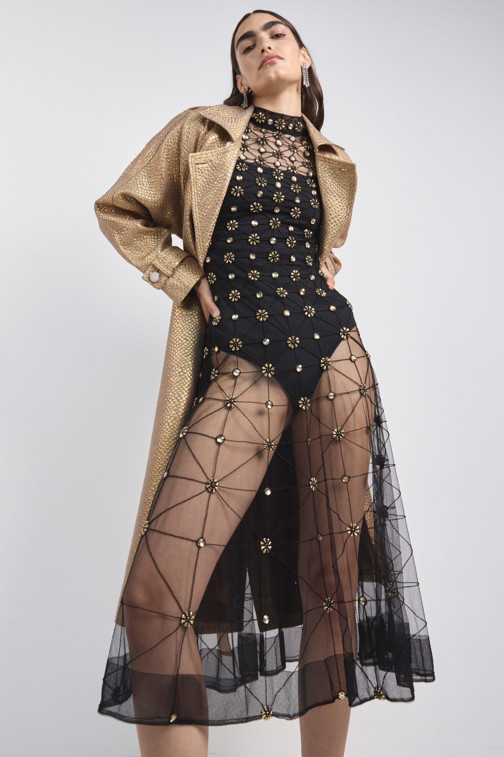 gold metallic long-sleeve collared relaxed zippered shiny coat