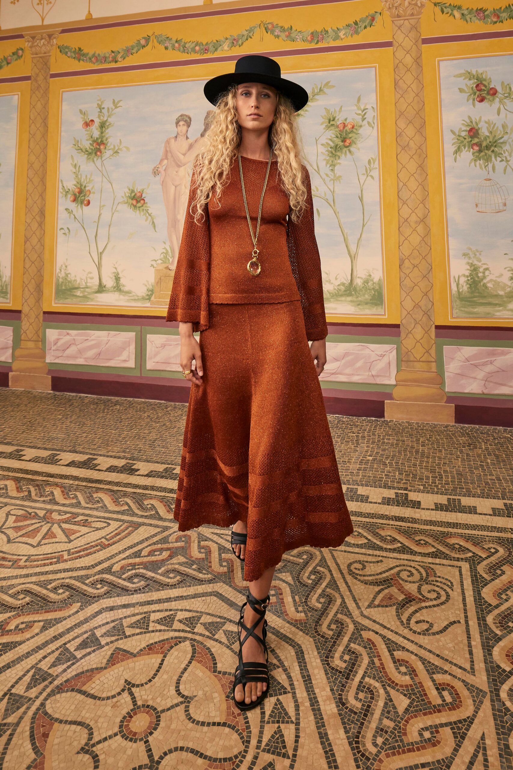 orange knit fitted tiered midi skirt