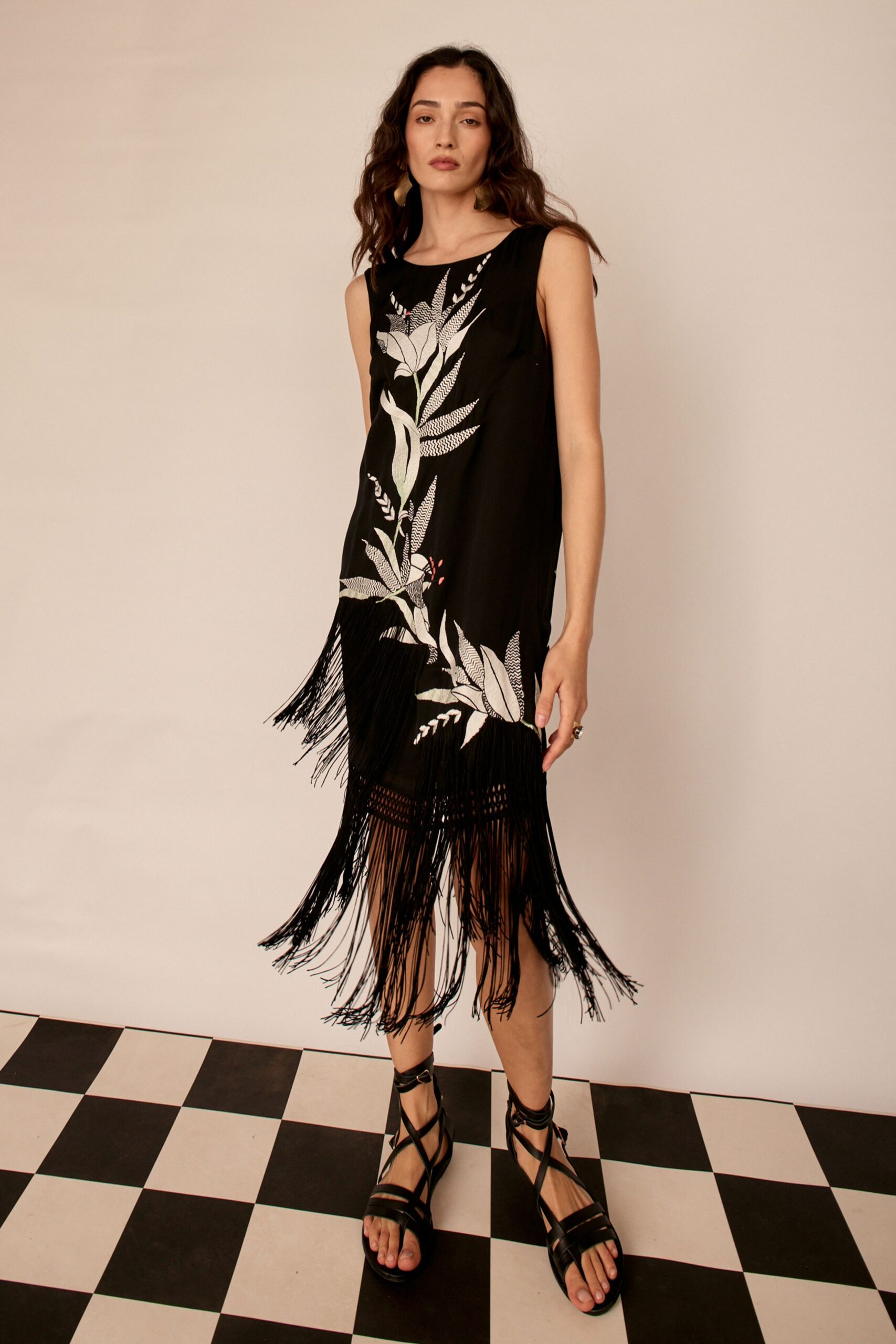 black cotton sleeveless v-neck fitted fringed embroidered dress