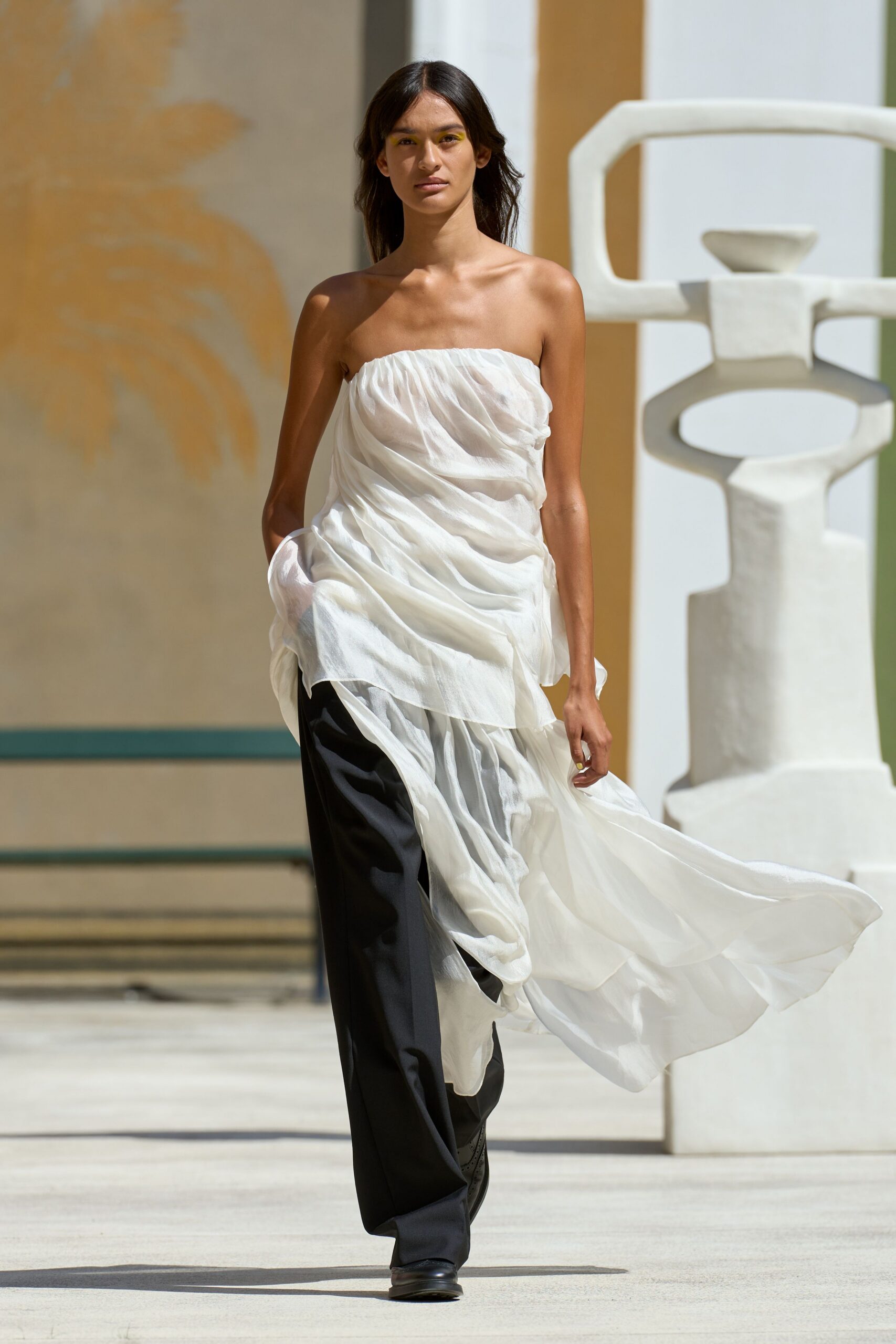 white chiffon strapless relaxed draped flowing top