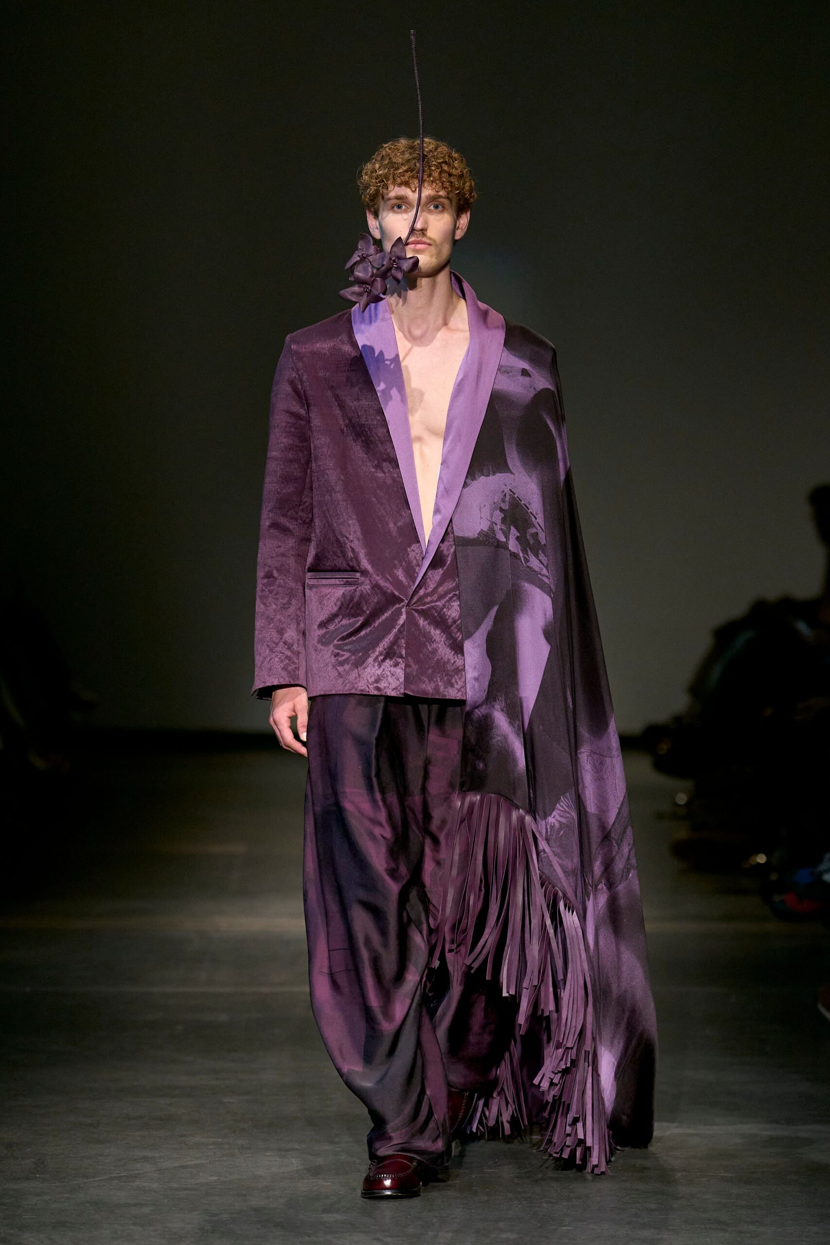 purple velvet long-sleeve collared tailored fringed layered suit