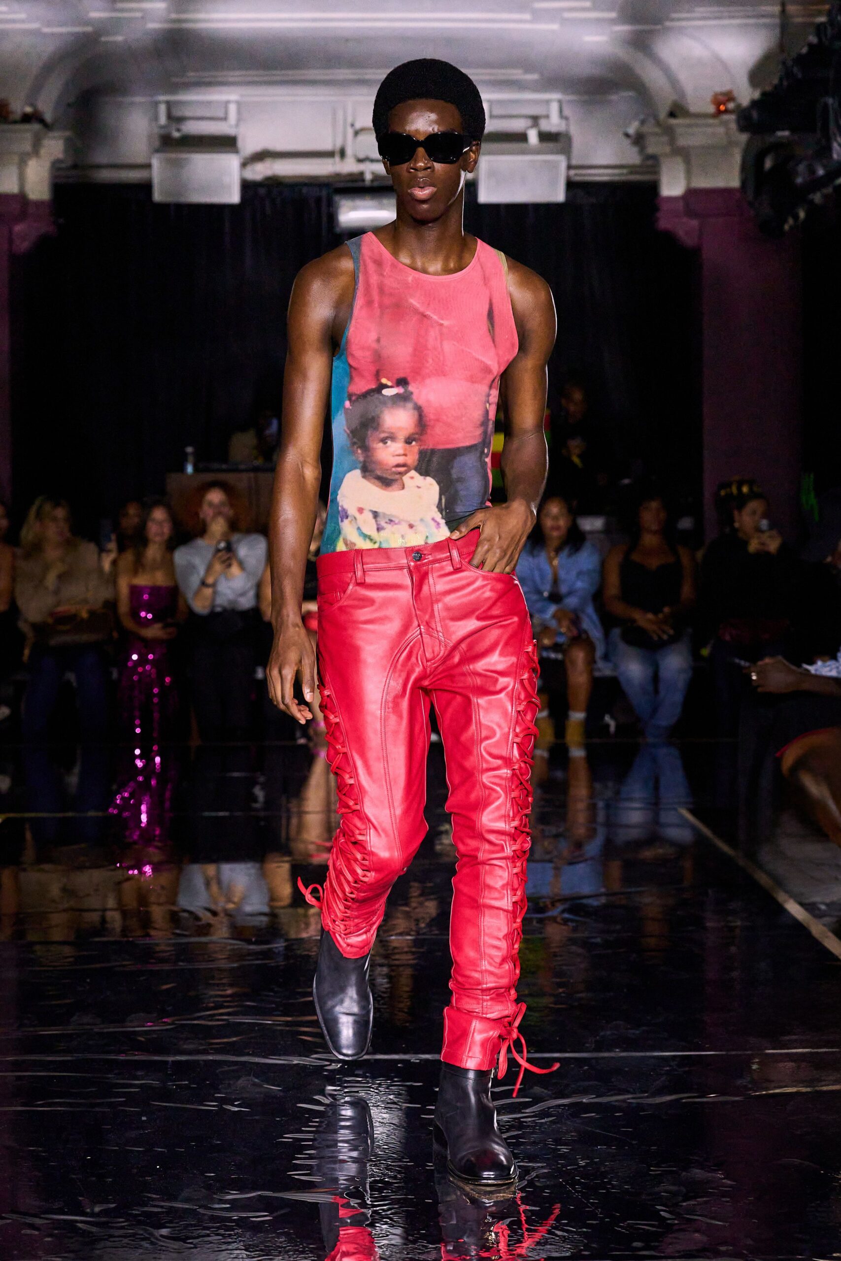 red leather fitted zippered pants