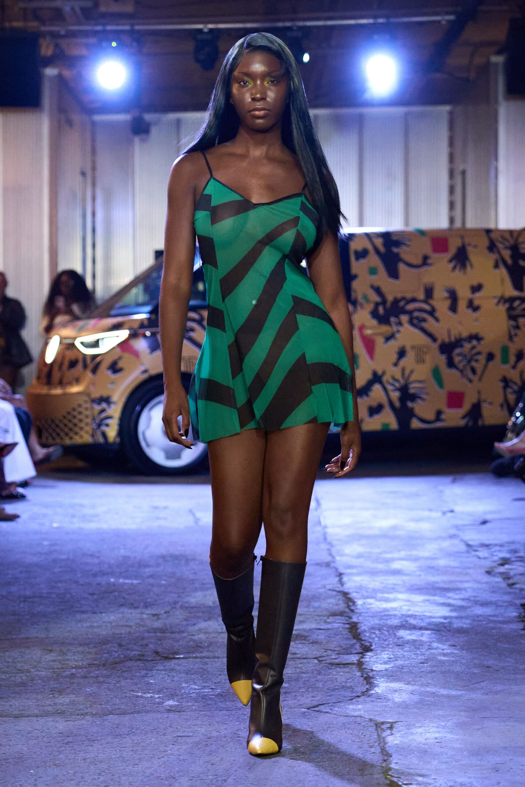 green silk sleeveless v-neck fitted striped mini dress