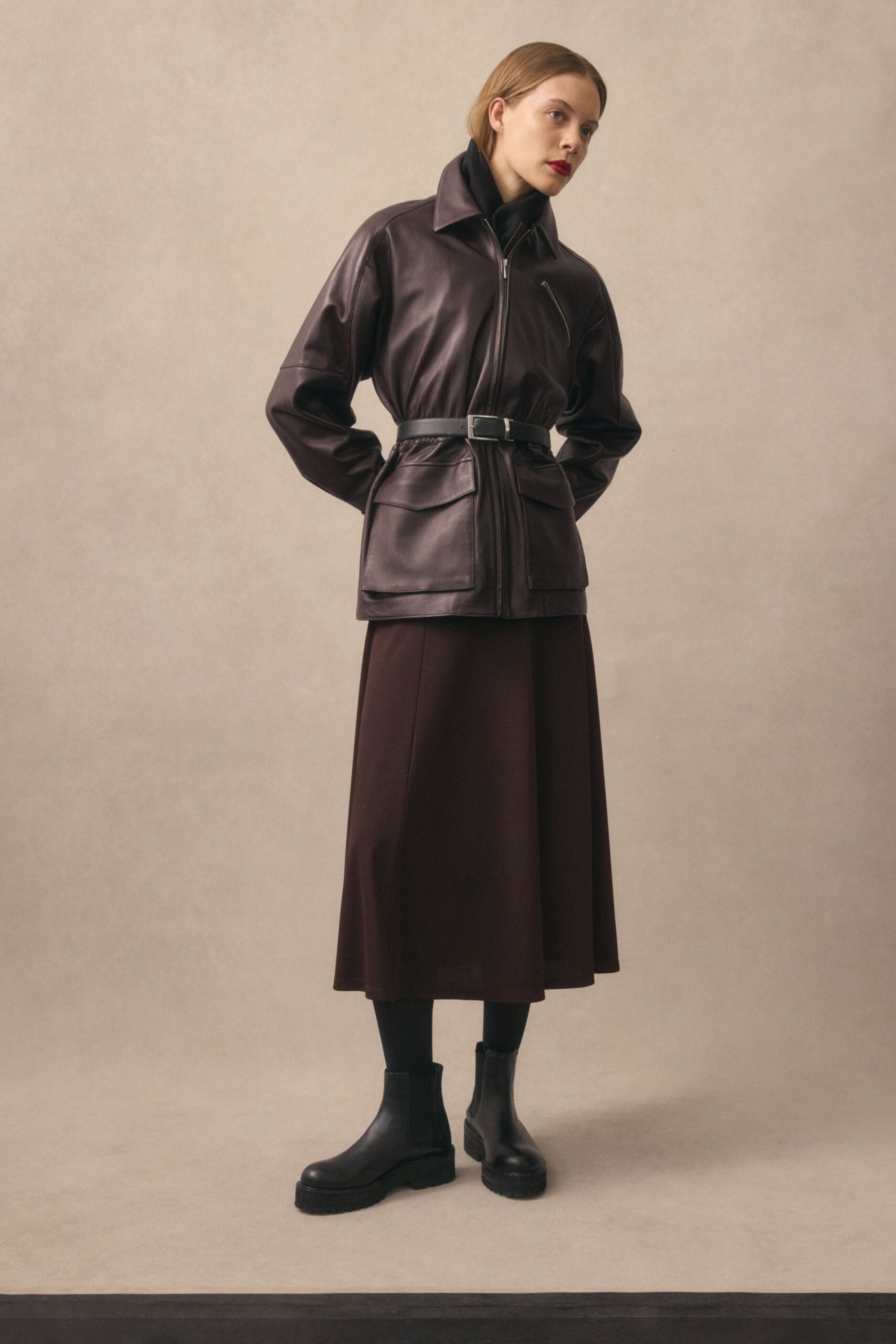 brown leather long-sleeve collared fitted belted jacket