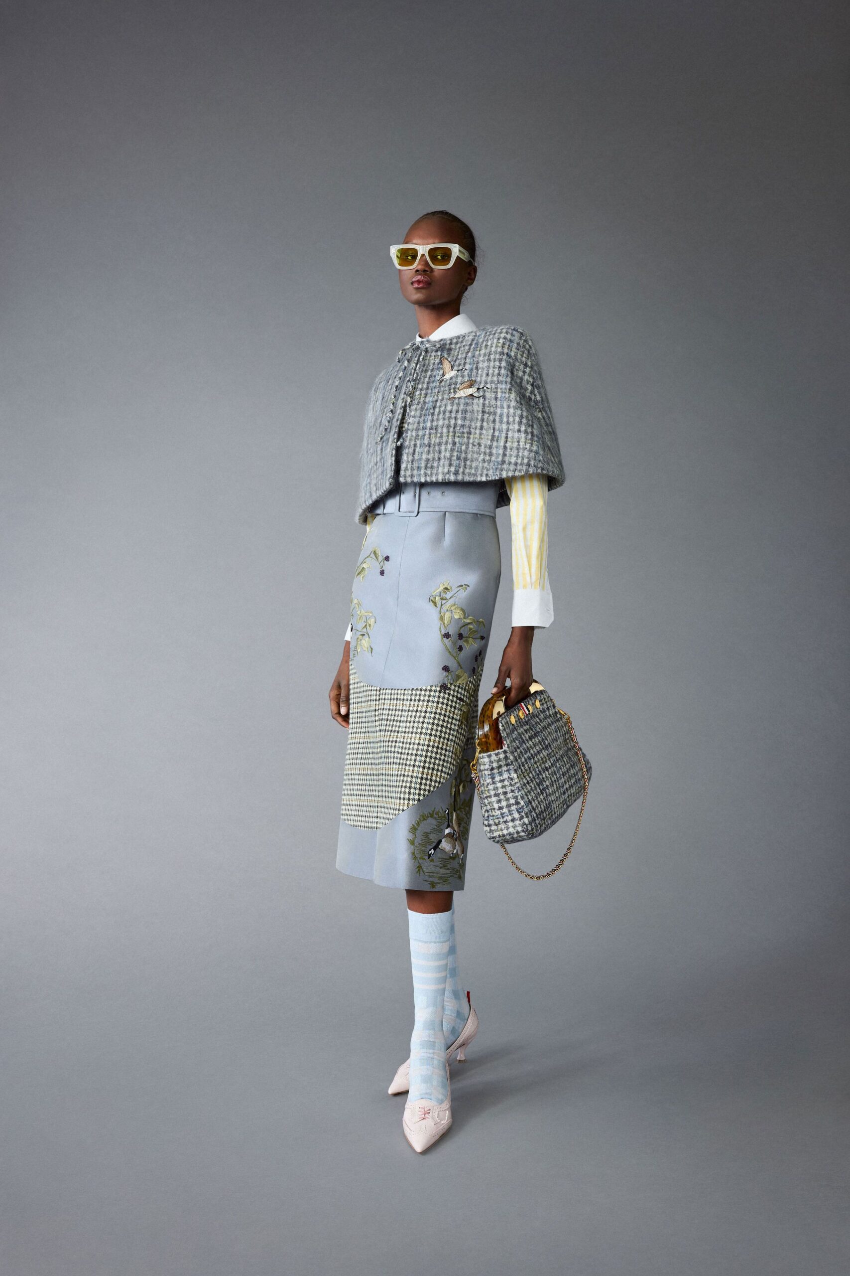 gray tweed short-sleeve structured layered cape