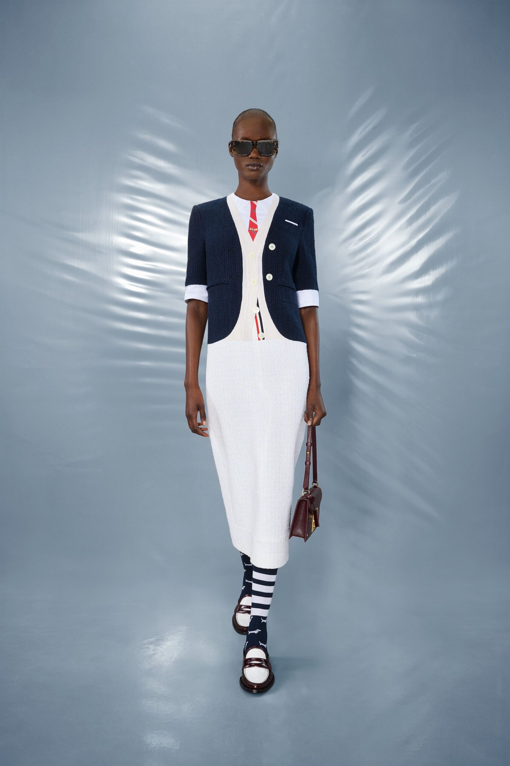 white midi dress with navy blazer