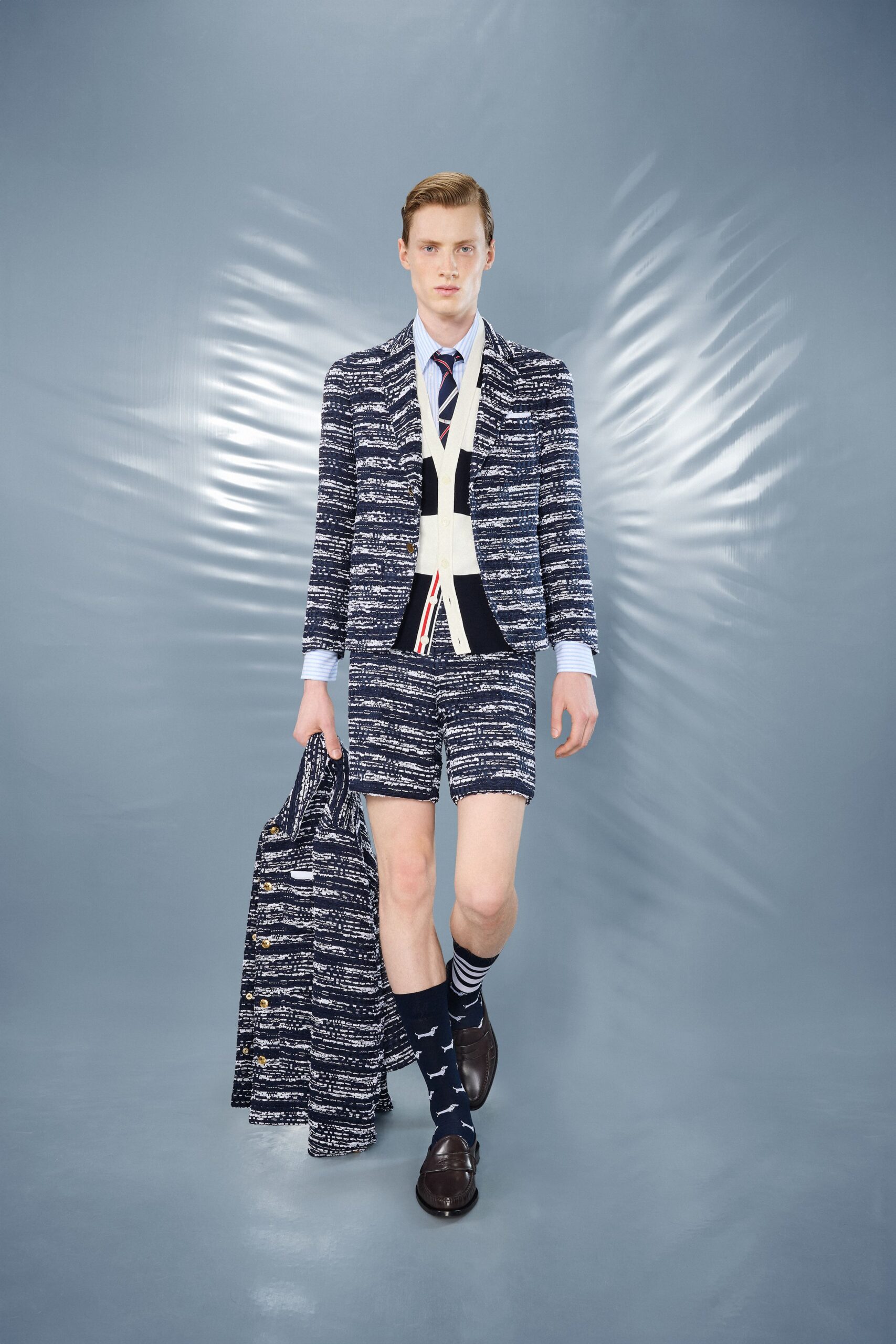 blue tweed blazer and shorts