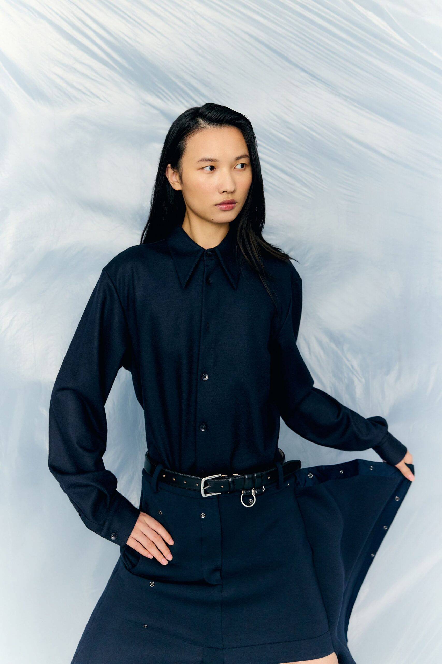 blue cotton asymmetric fitted buttoned skirt