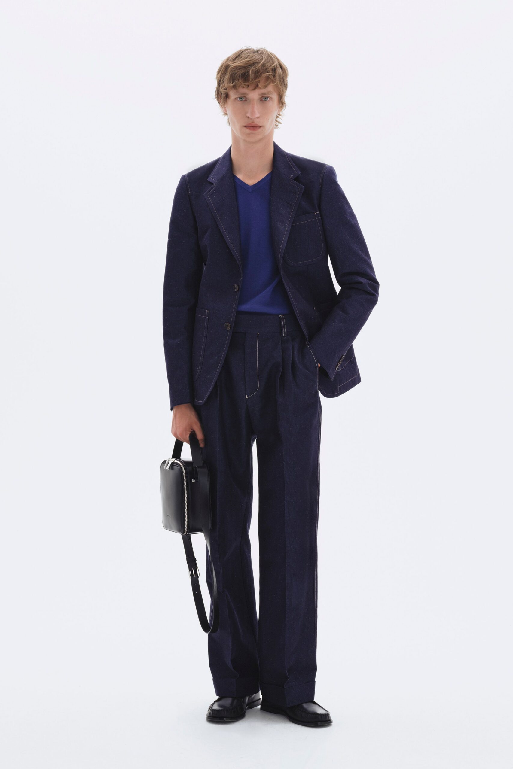 blue denim long-sleeve collared tailored buttoned suit
