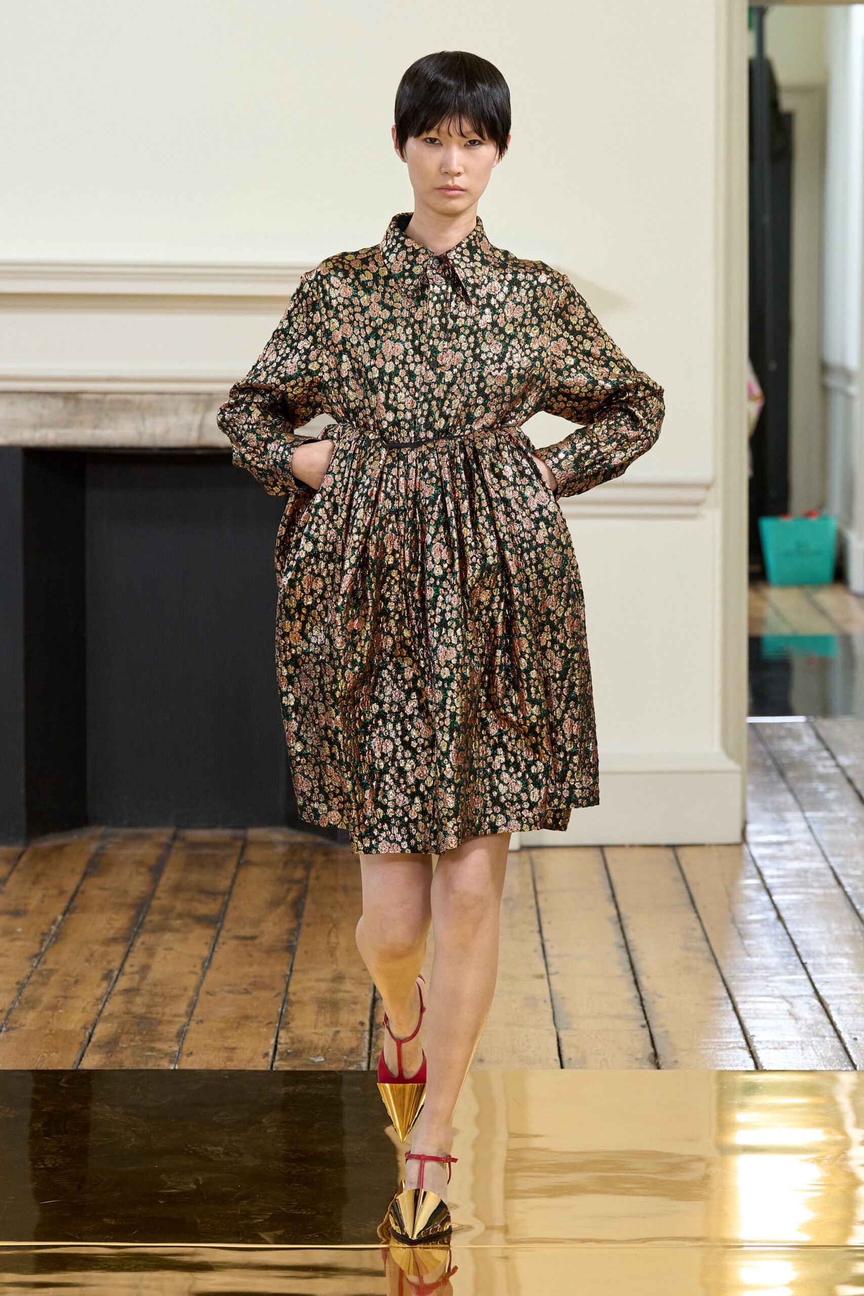 black cotton long-sleeve collared relaxed floral pleated shirt-dress