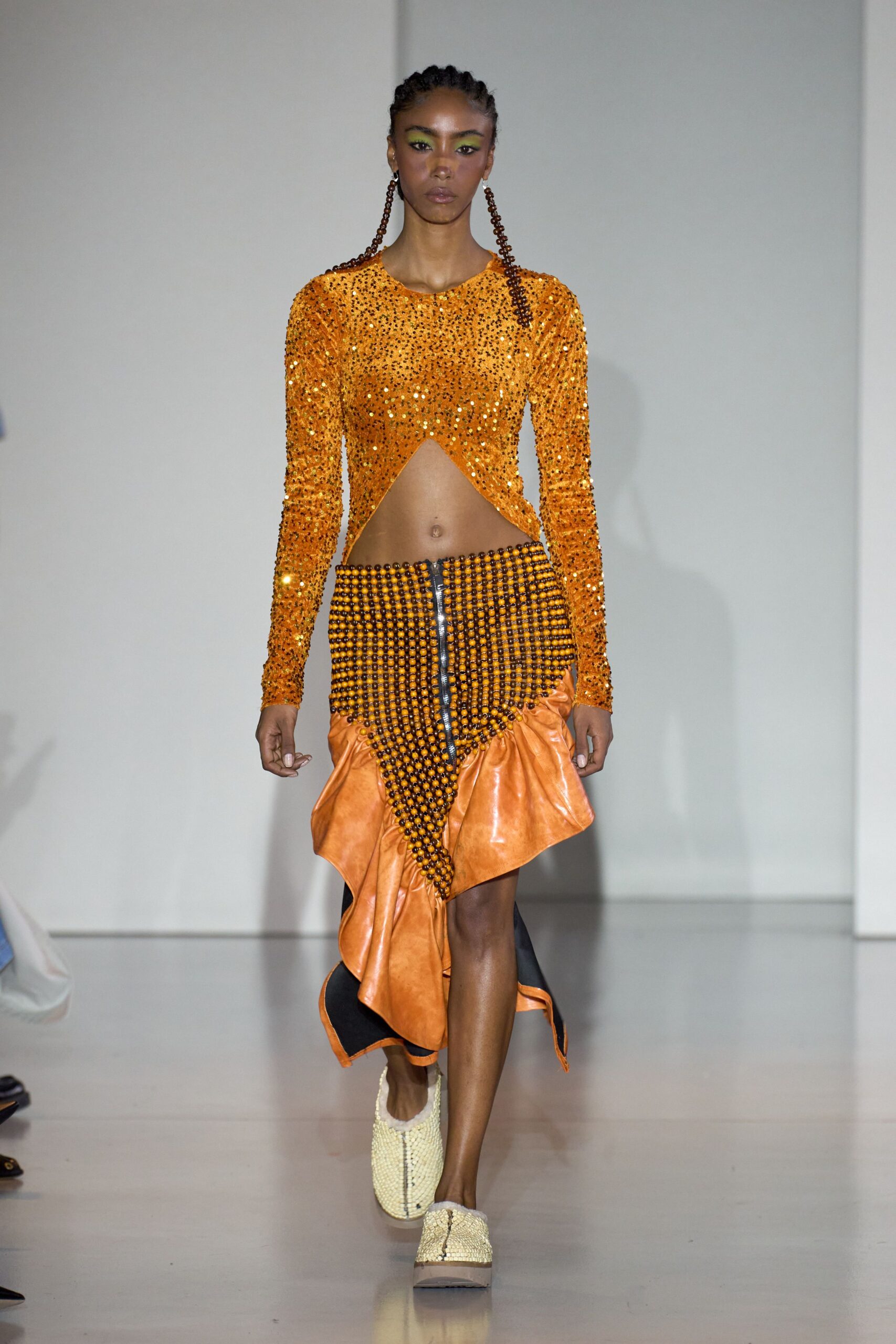 orange leather asymmetric fitted ruffled skirt