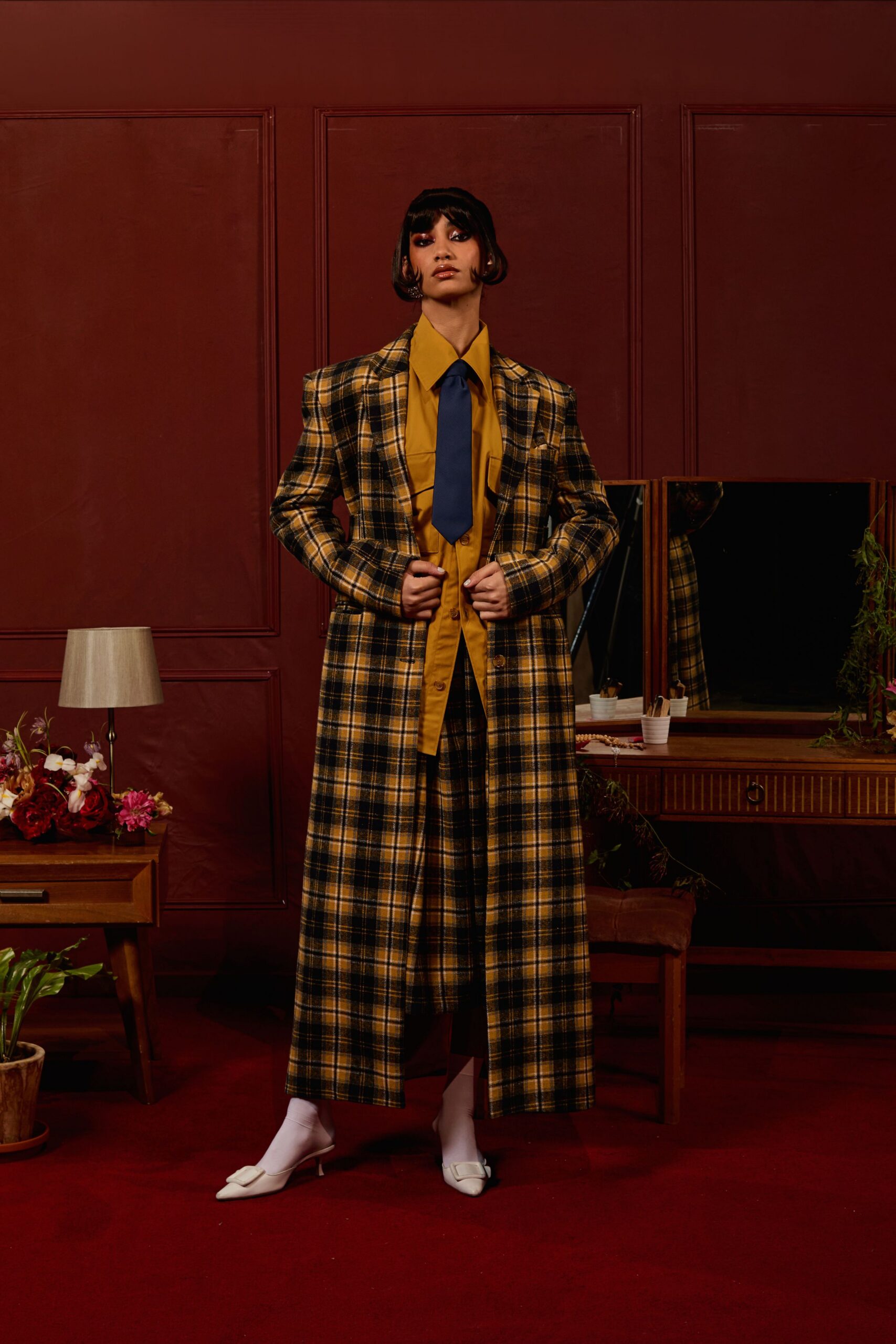 yellow wool long-sleeve collared relaxed checked maxi coat