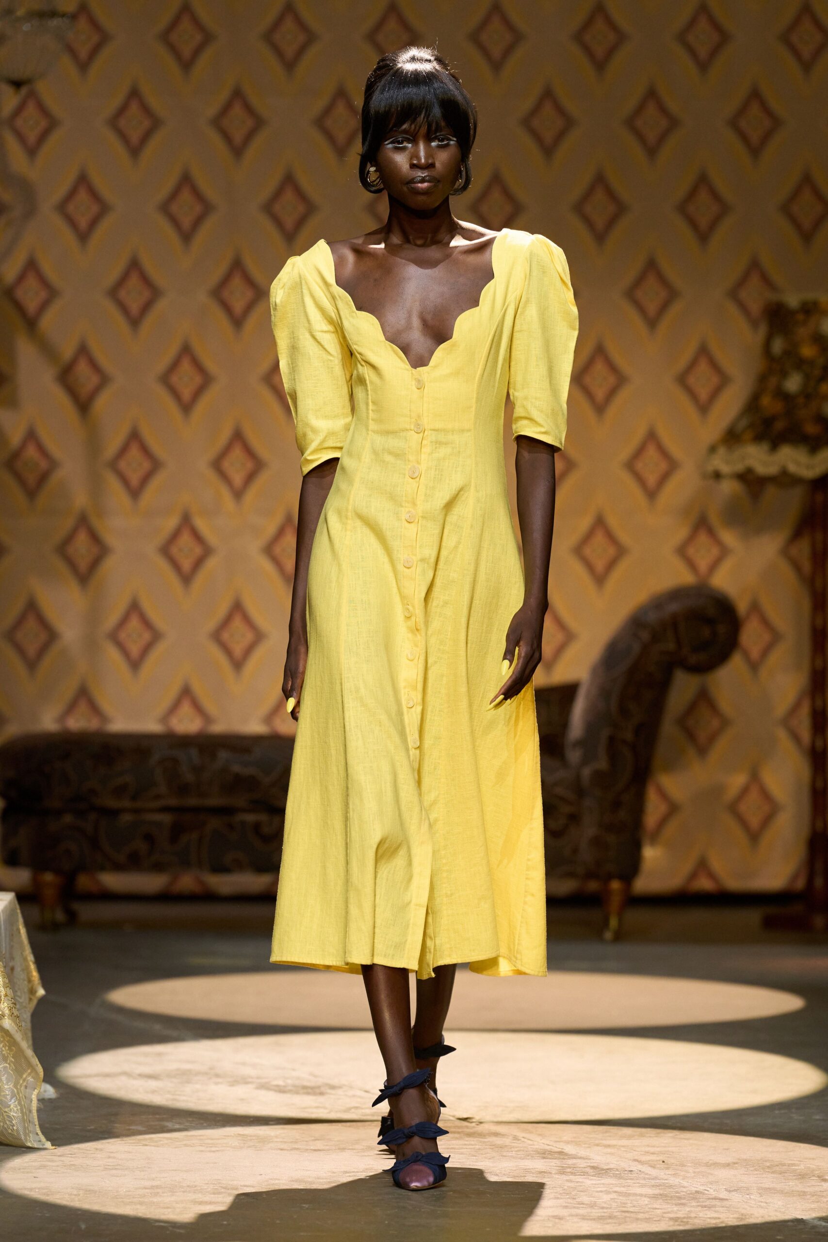 yellow cotton midi dress with blue shoes