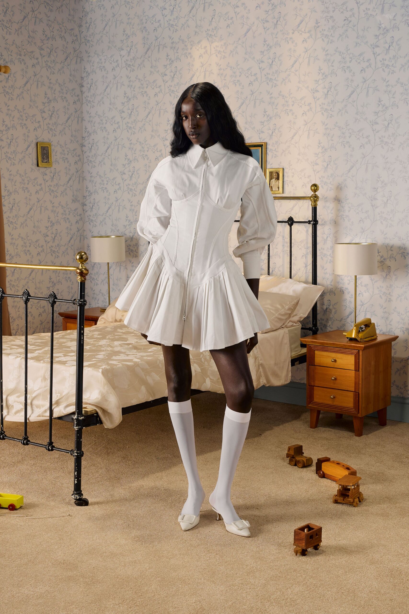 white cotton long-sleeve collared fitted zippered pleated shirt-dress