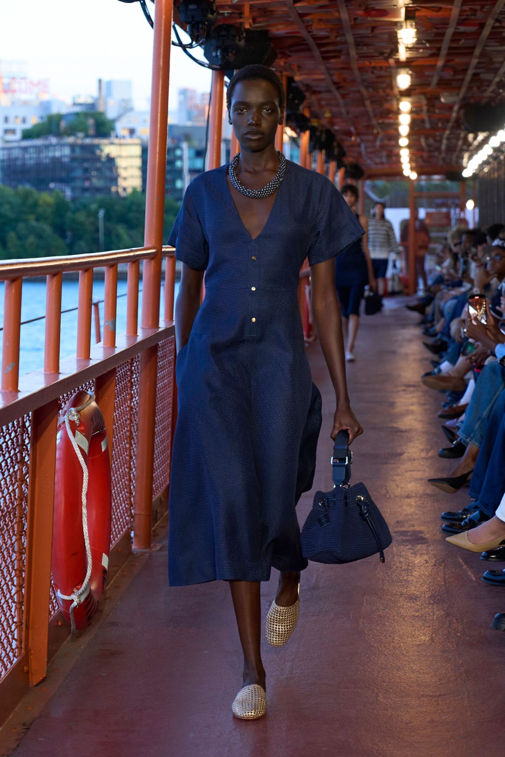 blue cotton short-sleeve v-neck relaxed buttoned straight-leg dress