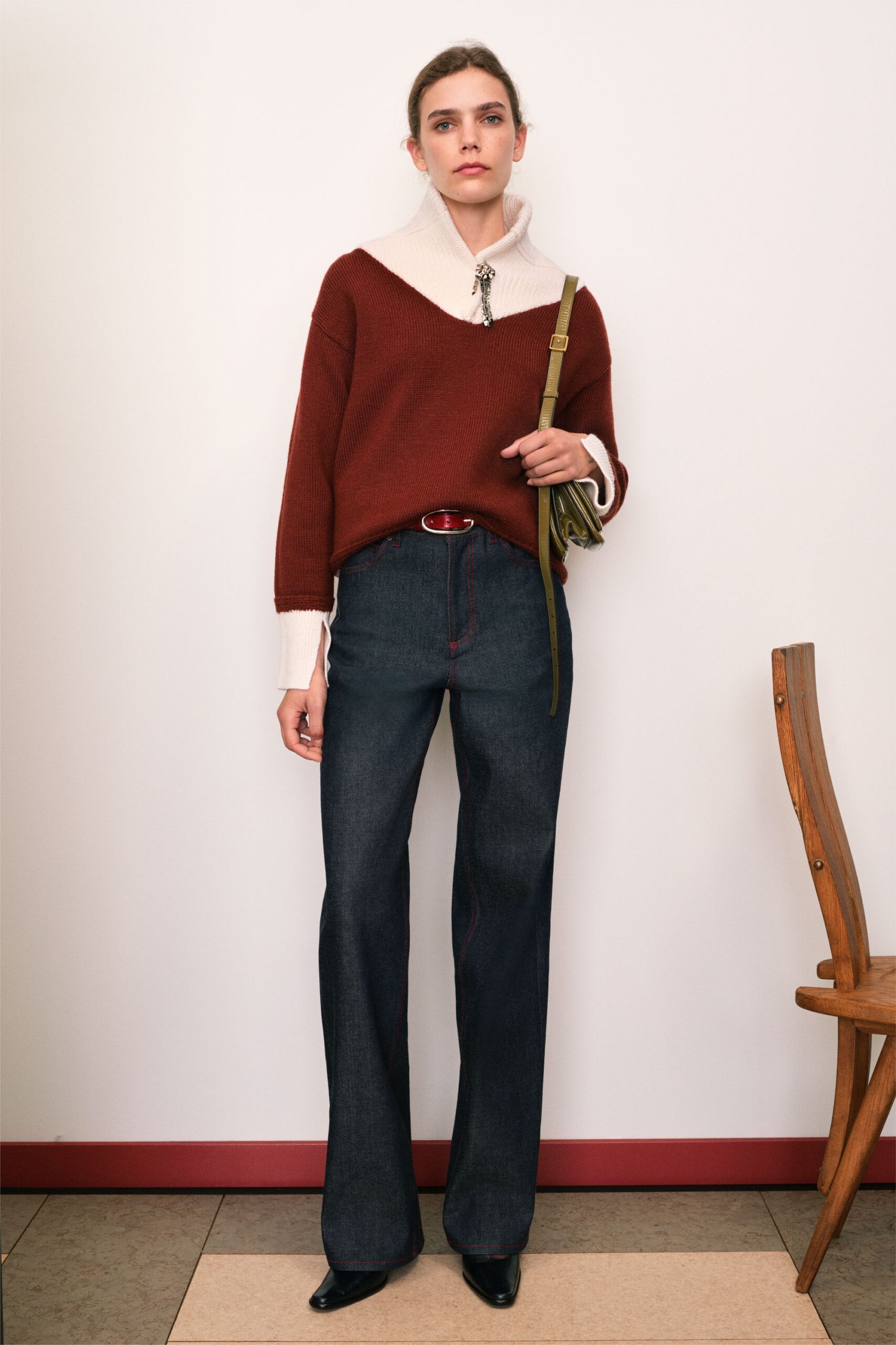 red wool long-sleeve v-neck relaxed sweater