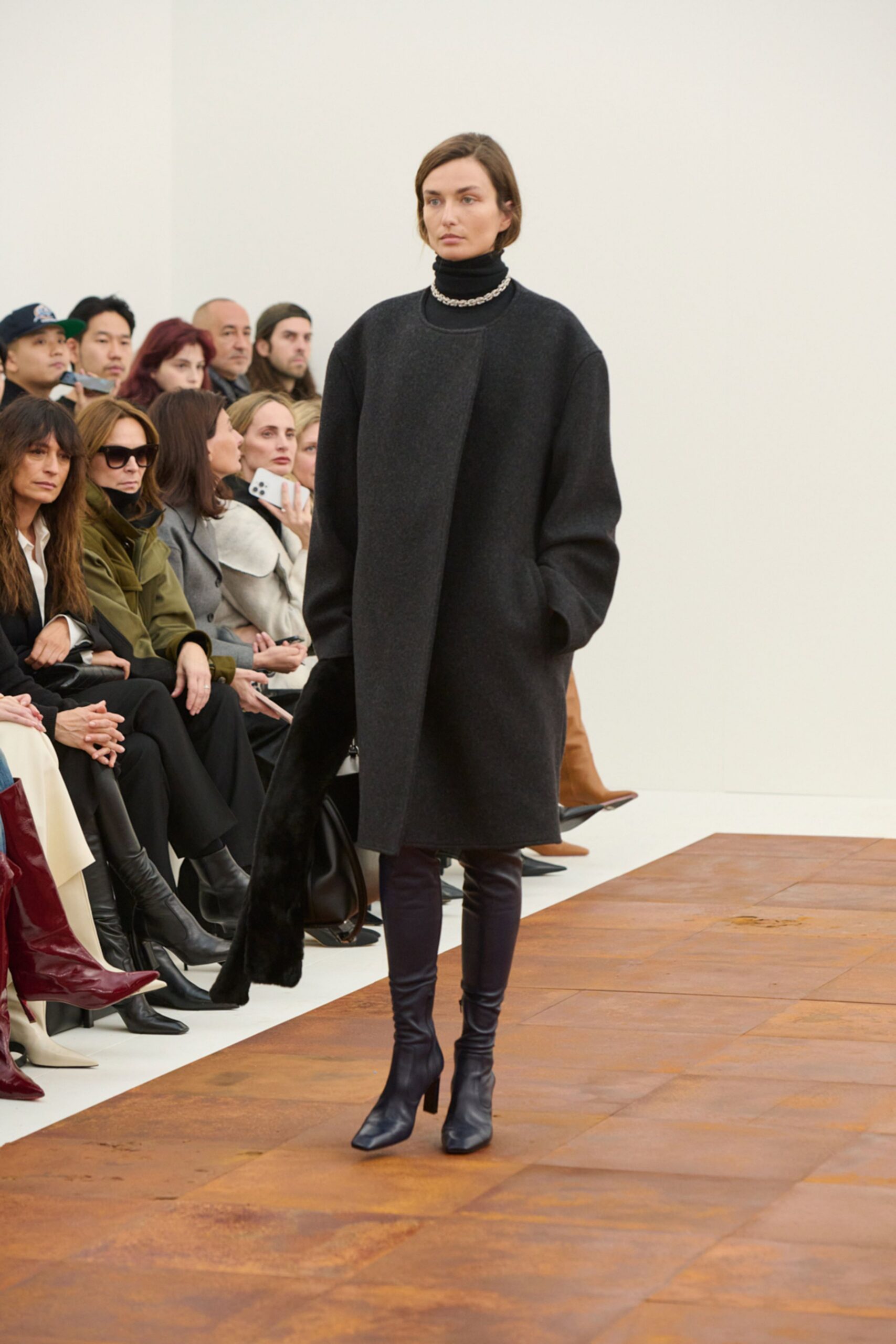 black wool long-sleeve high-neck oversized coat