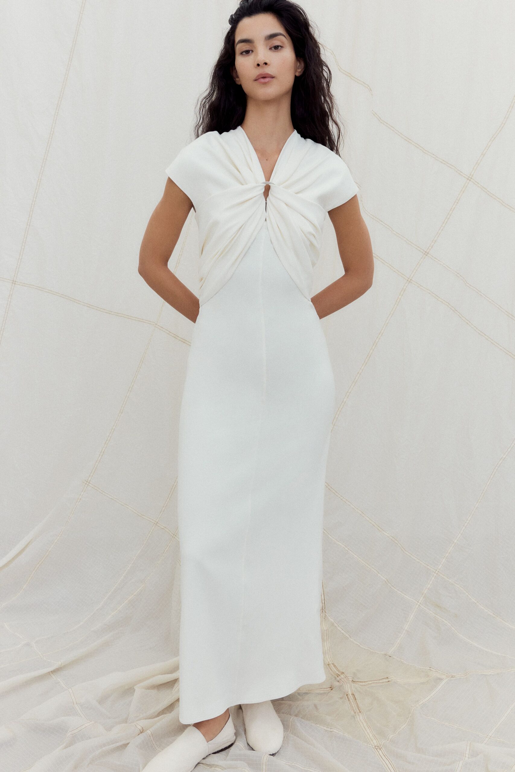 white cotton short-sleeve v-neck fitted draped maxi gown