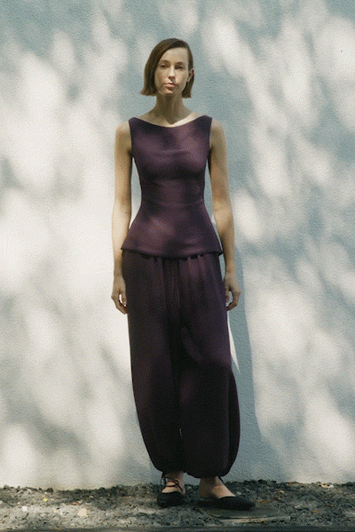 purple cotton sleeveless high-neck fitted flared top