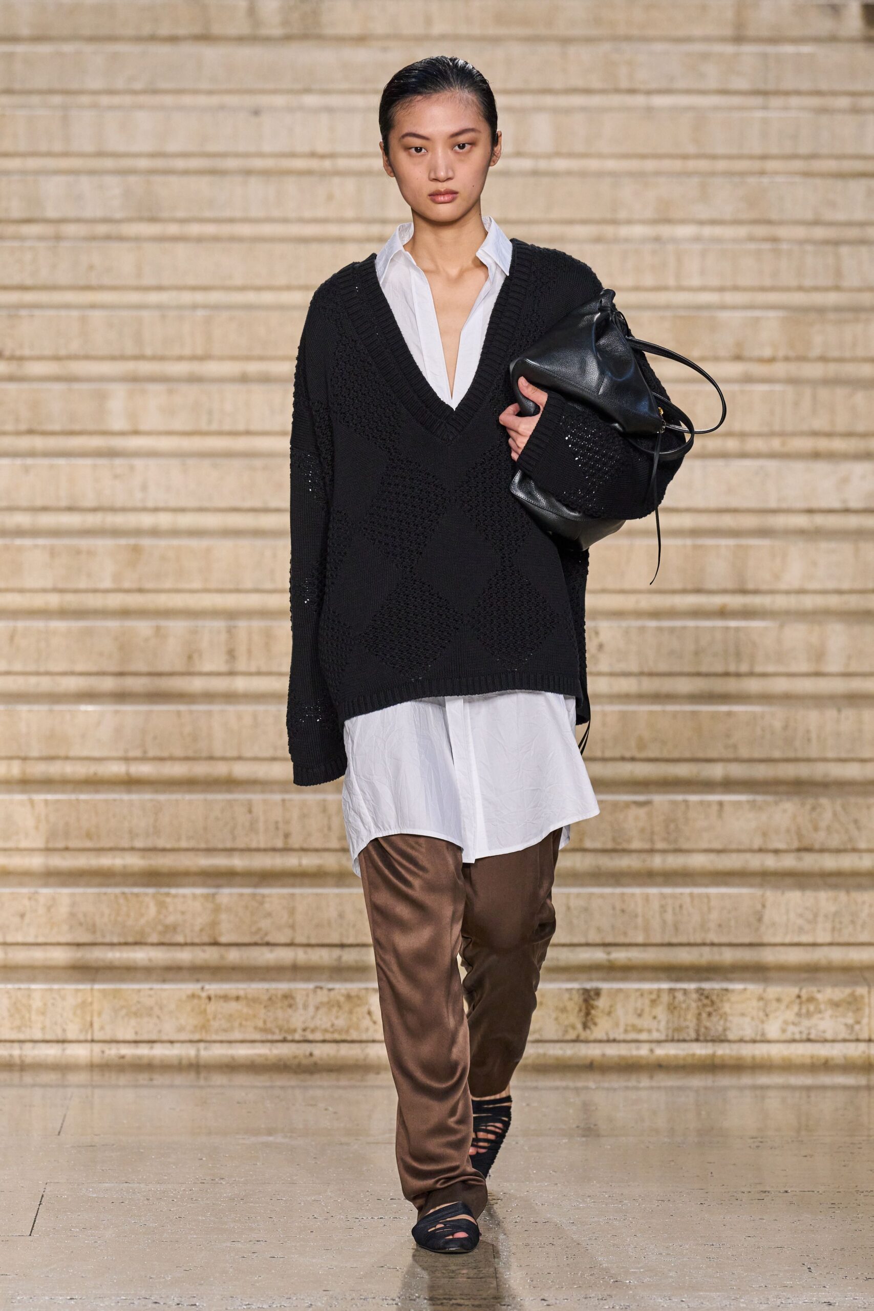 black cotton long-sleeve v-neck oversized sweater