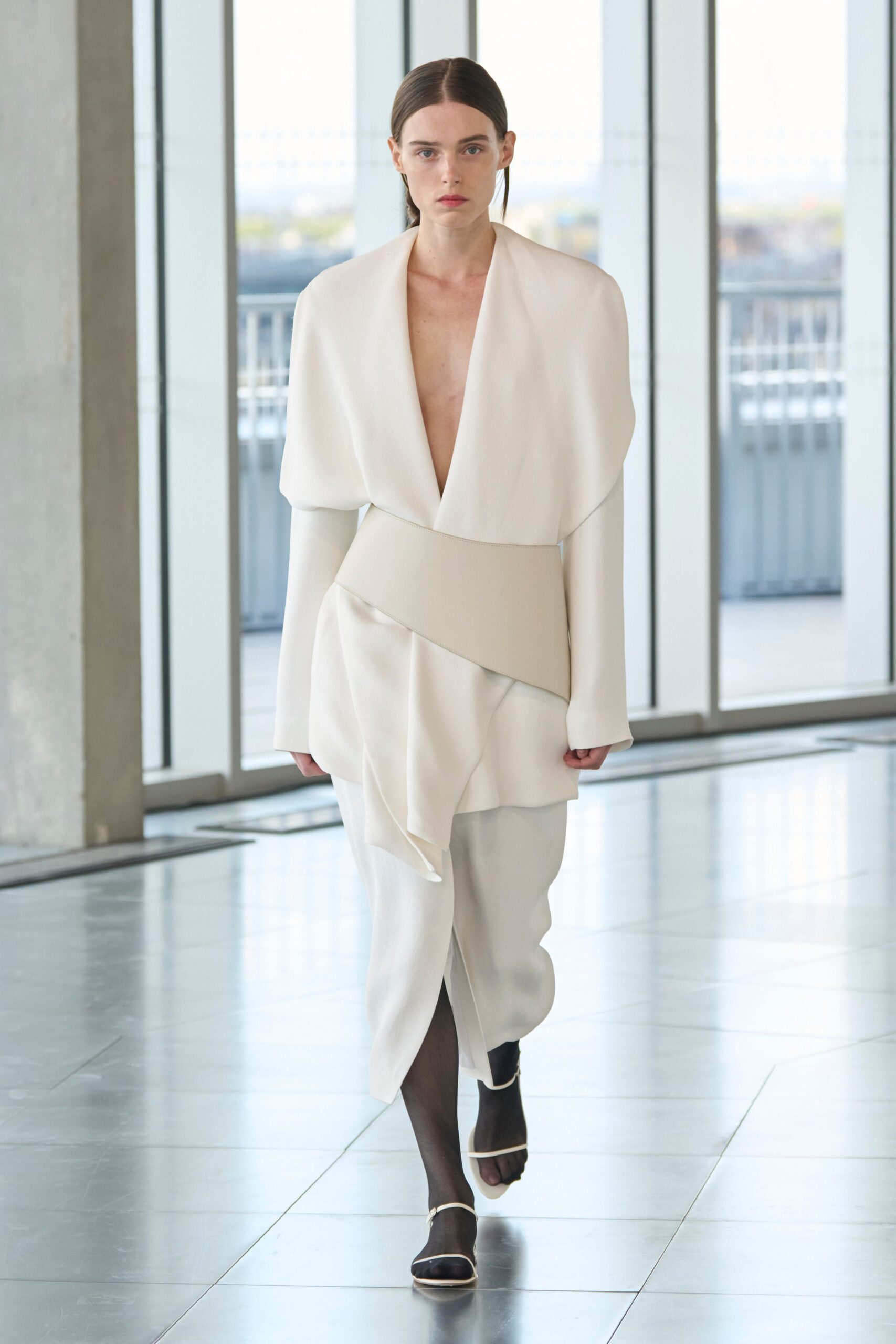 white silk long-sleeve v-neck fitted draped midi dress