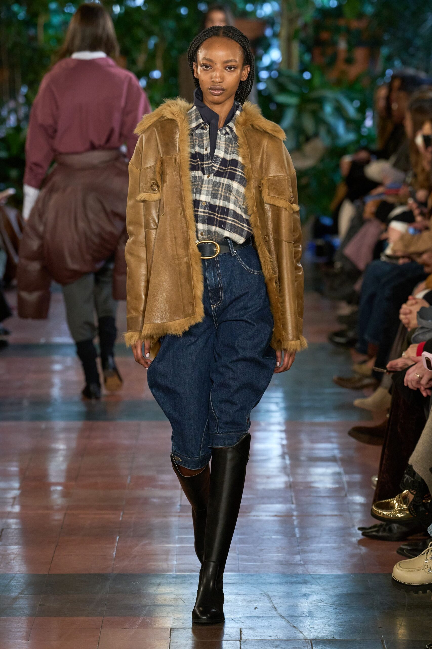 brown leather jacket with plaid shirt