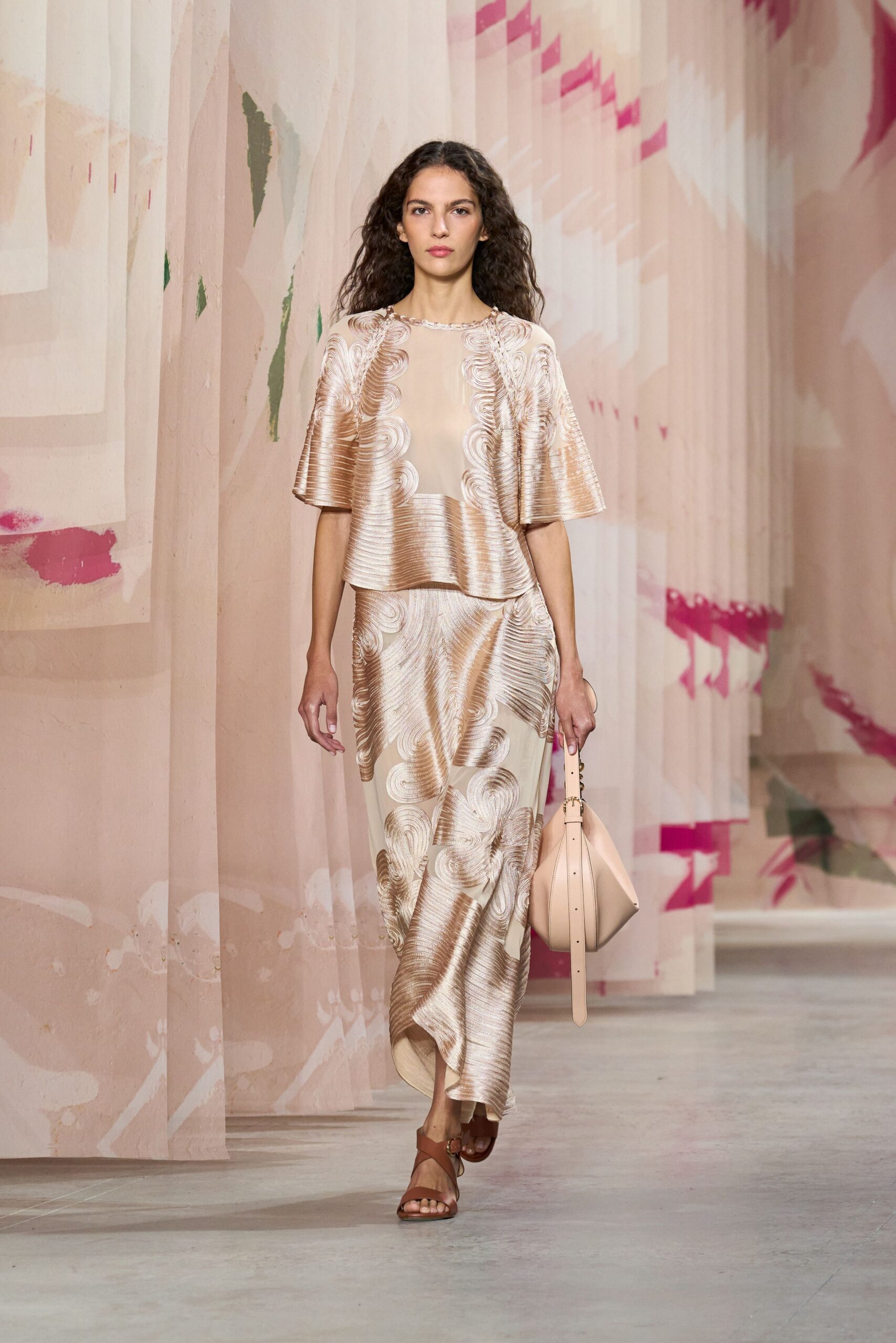beige silk fitted straight-leg maxi skirt