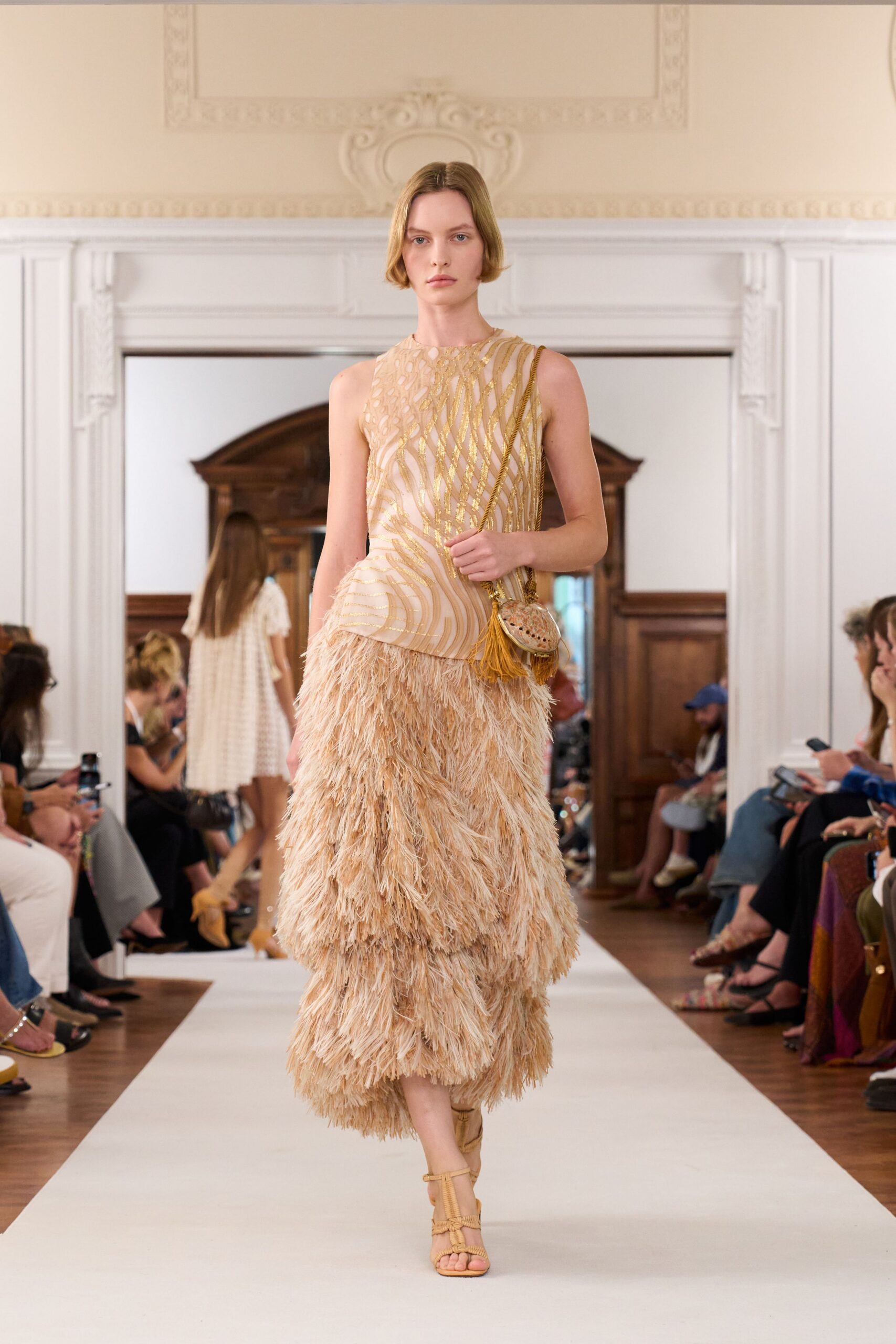 gold silk sleeveless high-neck fitted ruffled layered dress