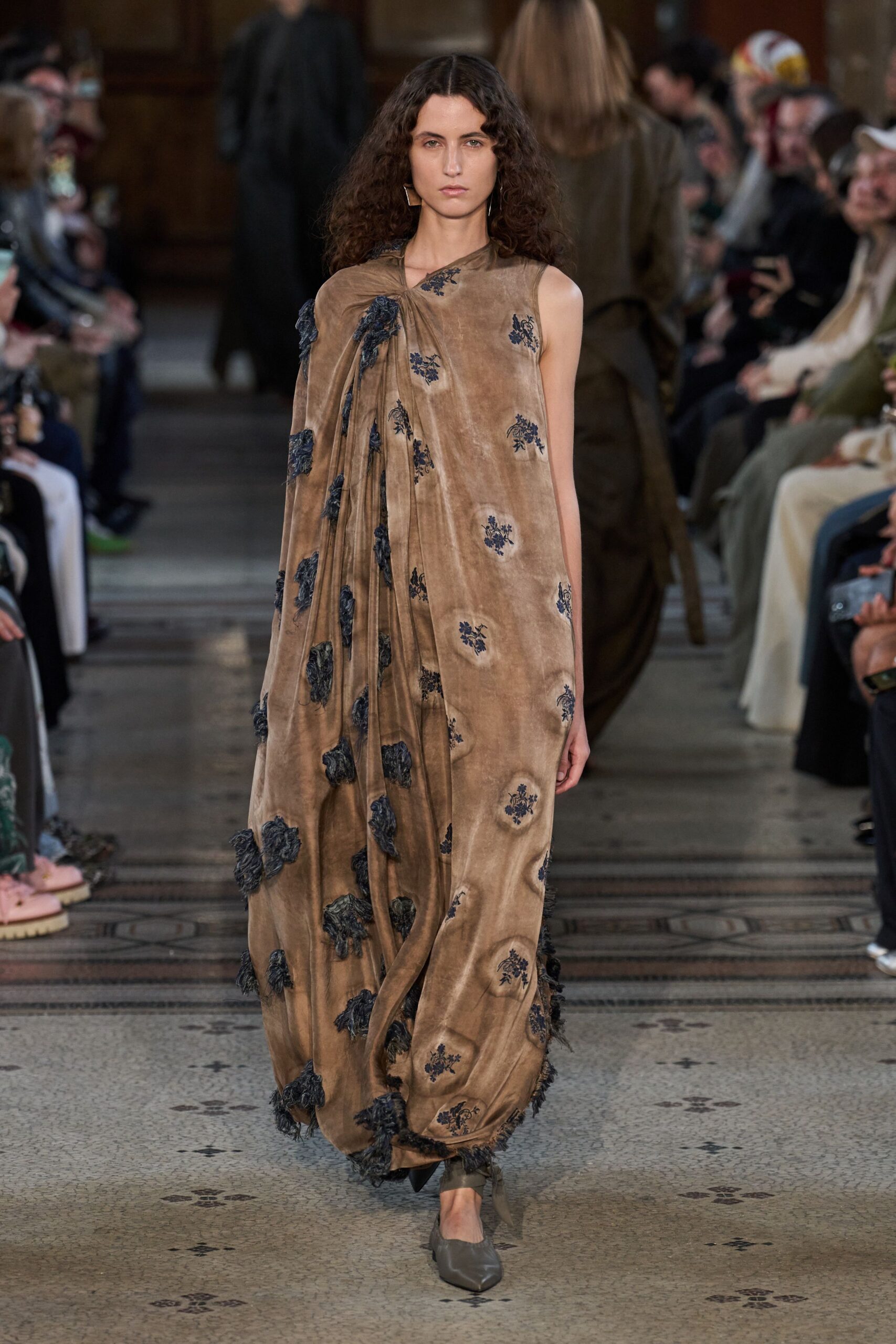 brown silk sleeveless relaxed draped embroidered maxi dress