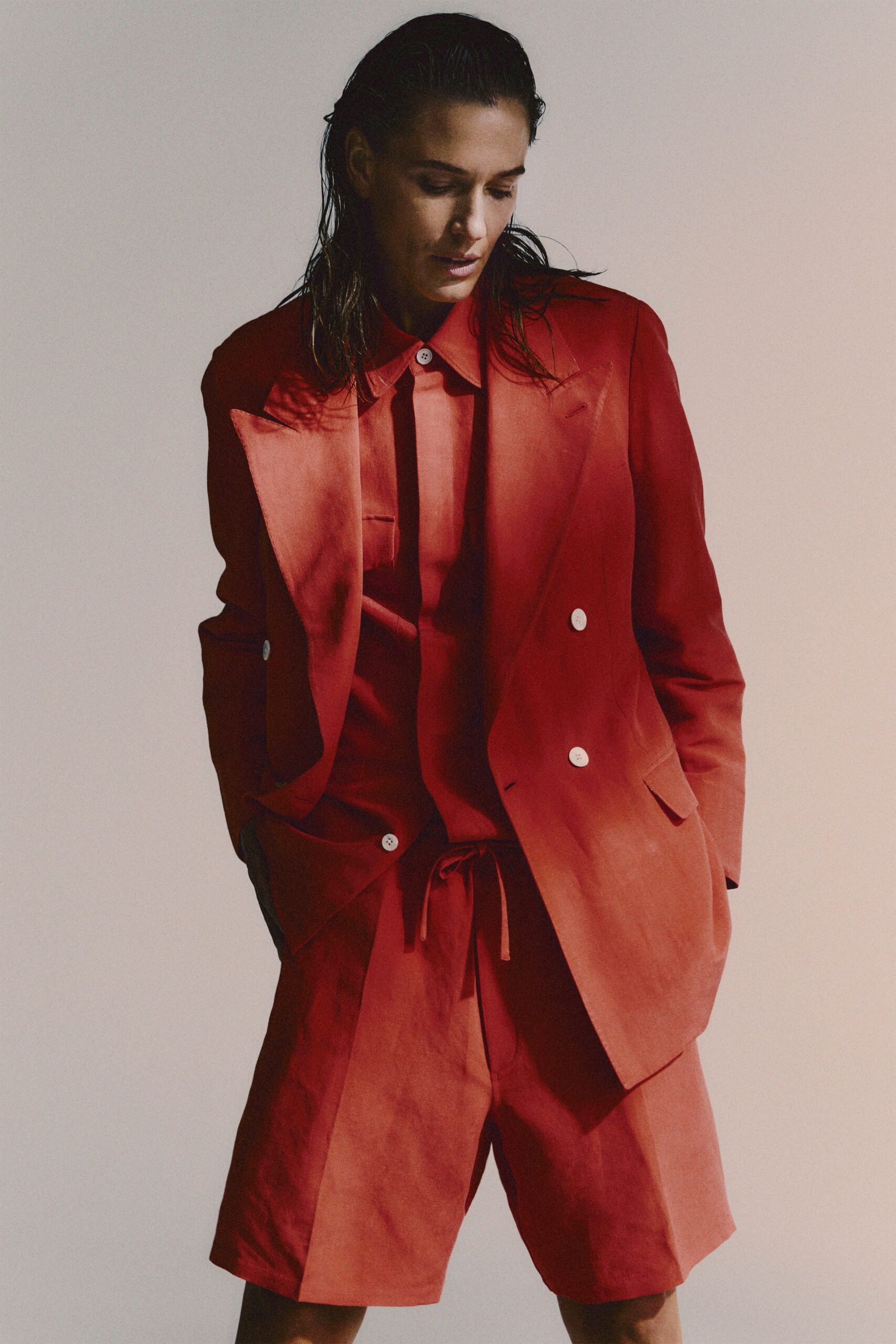 red cotton short-sleeve collared structured suit