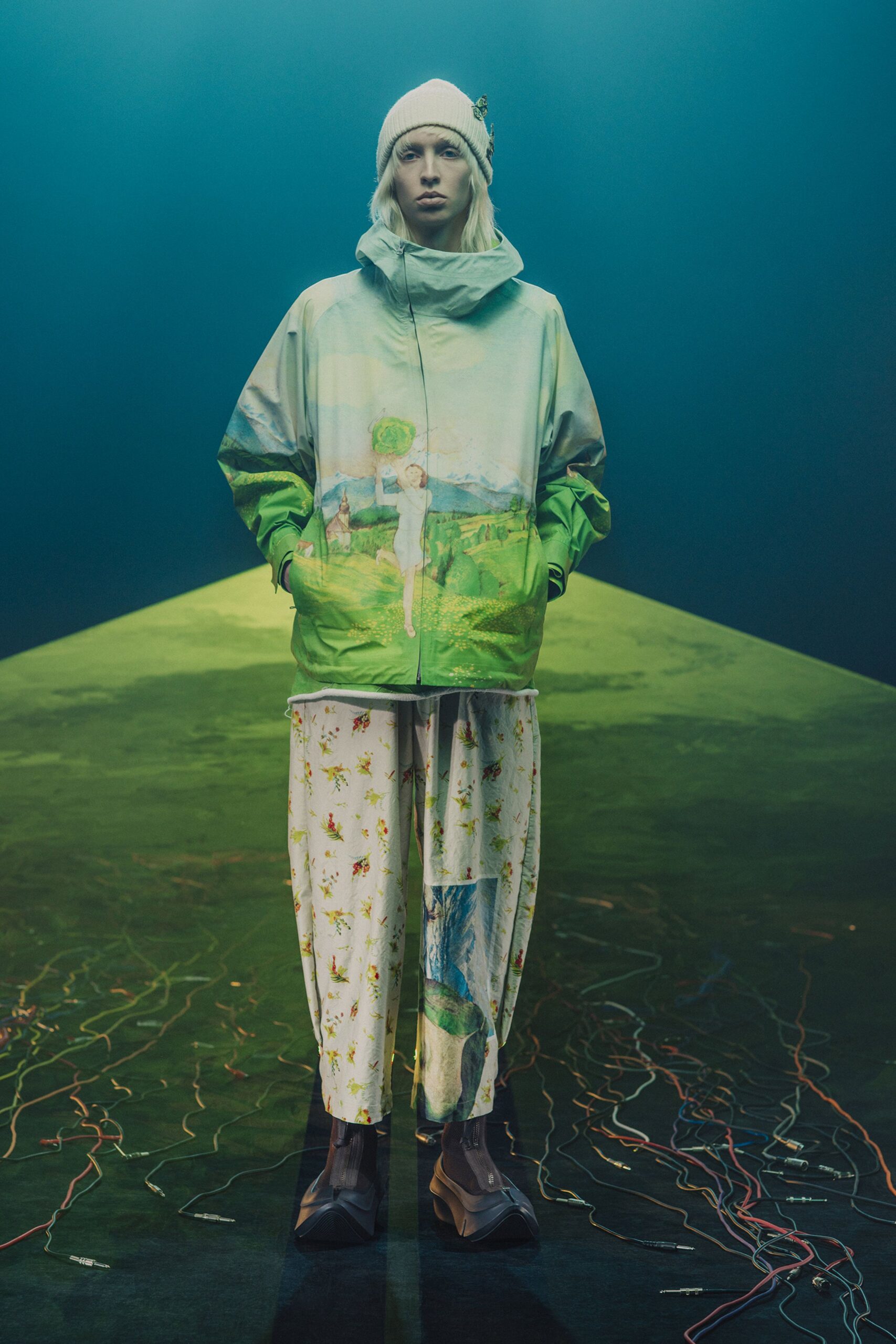 green printed jacket with relaxed pants